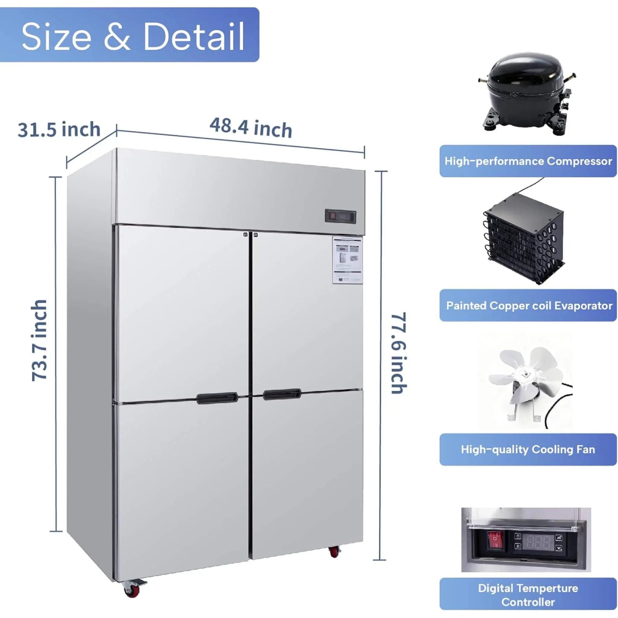 48-Inch Commercial 33 Cu.Ft Stainless Steel Reach-In Refrigerator With Four Split Doors (SAK83046) by SAKSBY WHOLESALE