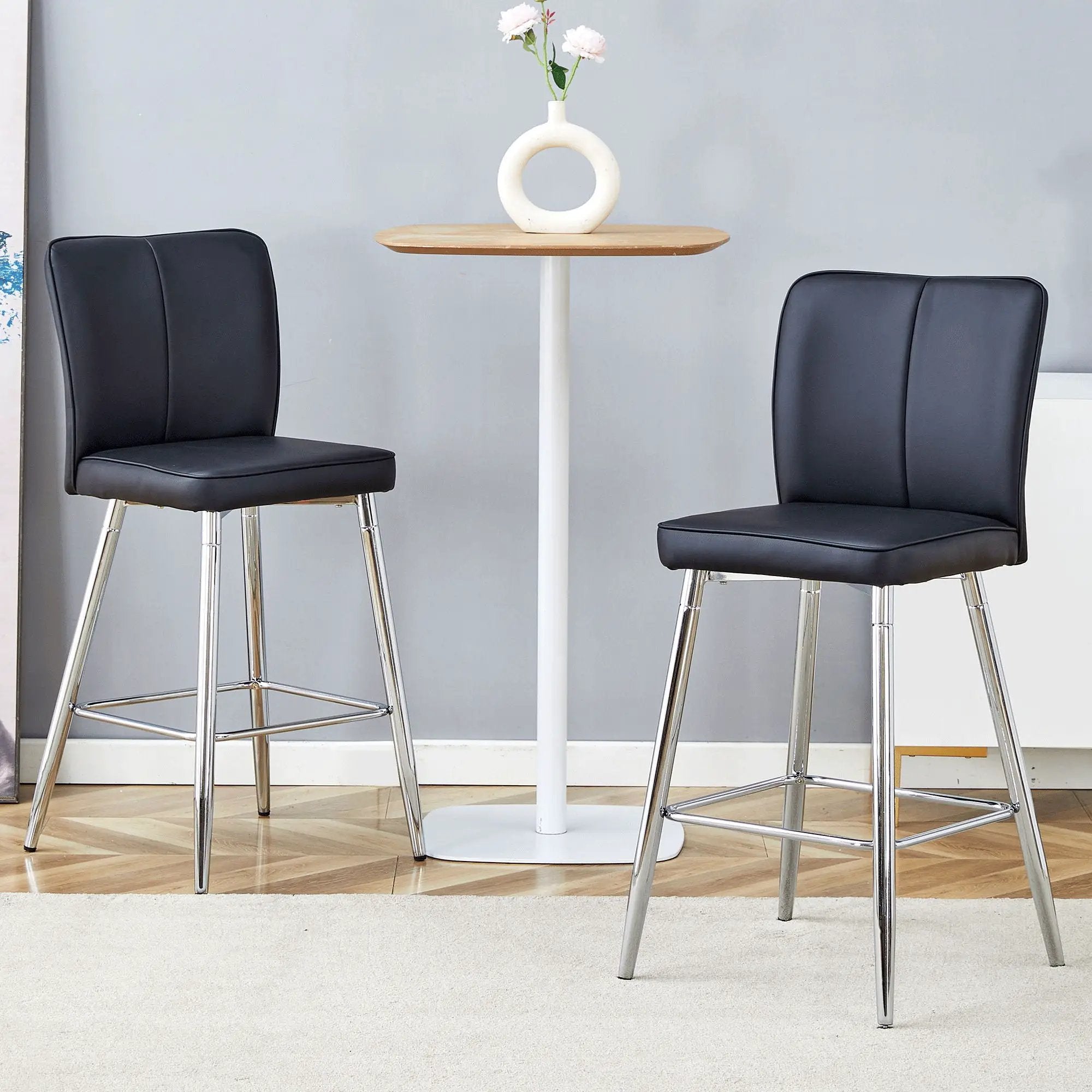 Modern Bar Chair Set Streamlined Backrest Metal Legs 2 Pieces - Black / Silver by HouseOfZazla