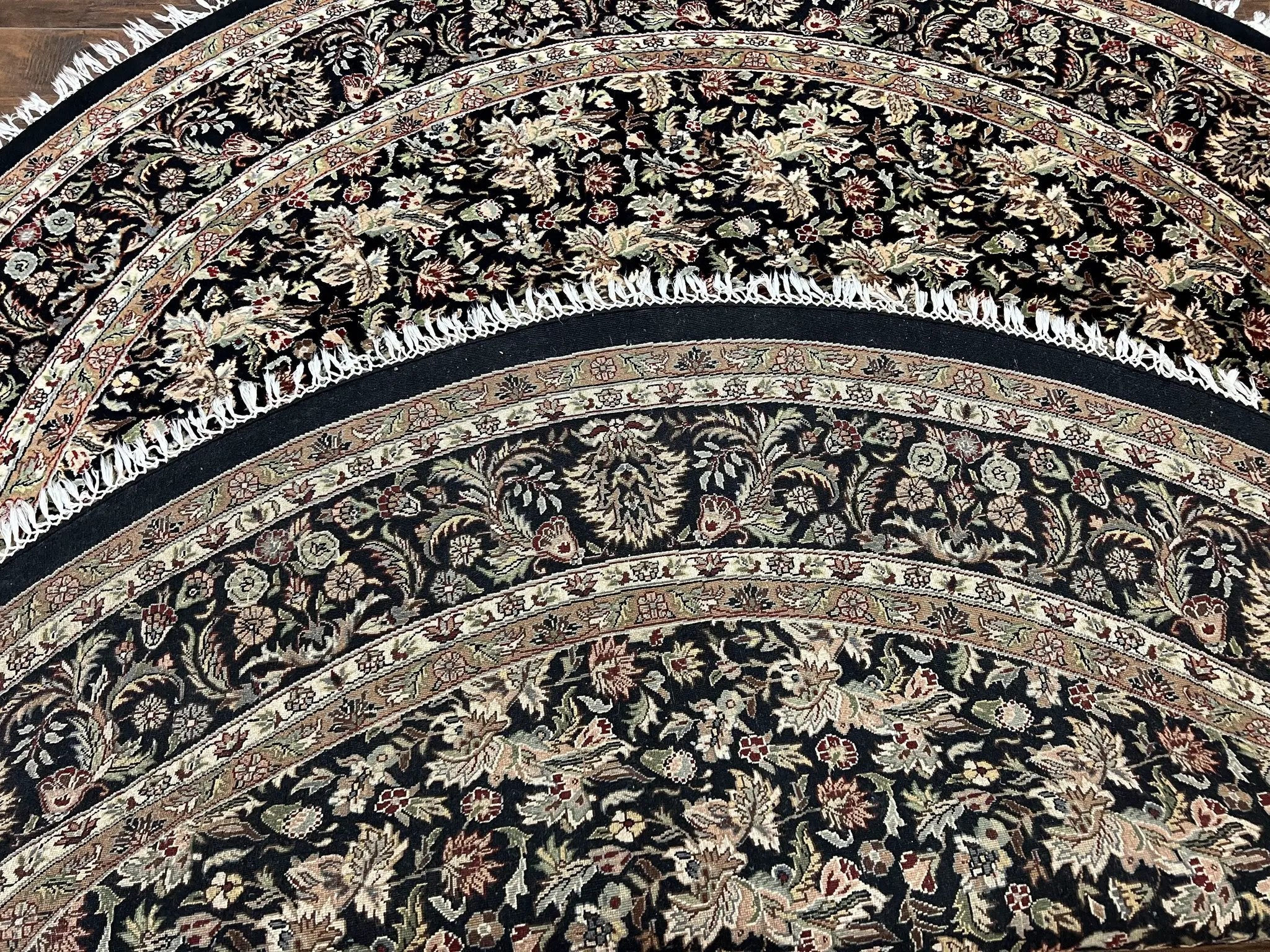 Round Oriental Rug 8x8 ft, William Morris Floral Pattern Carpet, 8 x 8 ft Round Rug, Black Cream and Tan 8ft Round Handmade Indo Persian Rug by Jewel Rugs
