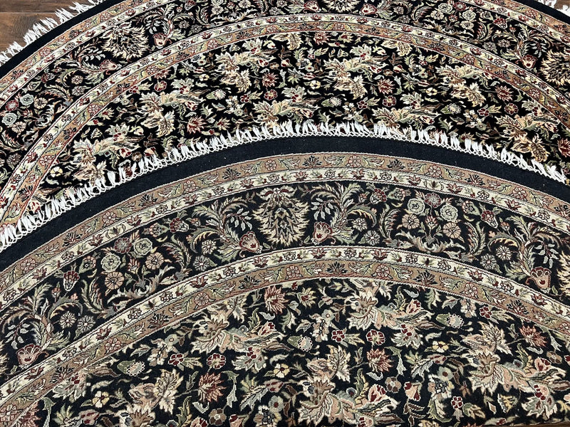 Round Oriental Rug 8x8 ft, William Morris Floral Pattern Carpet, 8 x 8 ft Round Rug, Black Cream and Tan 8ft Round Handmade Indo Persian Rug by Jewel Rugs