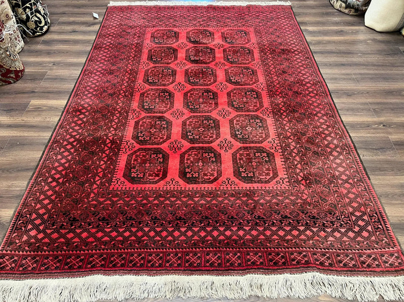 Afghan Turkoman Rug 7x10, Vintage Yamud Beshir Bokhara Carpet, Red and Black Bukhara Hand-Knotted Oriental Wool Handmade Rug, Elephant Foot by Jewel Rugs