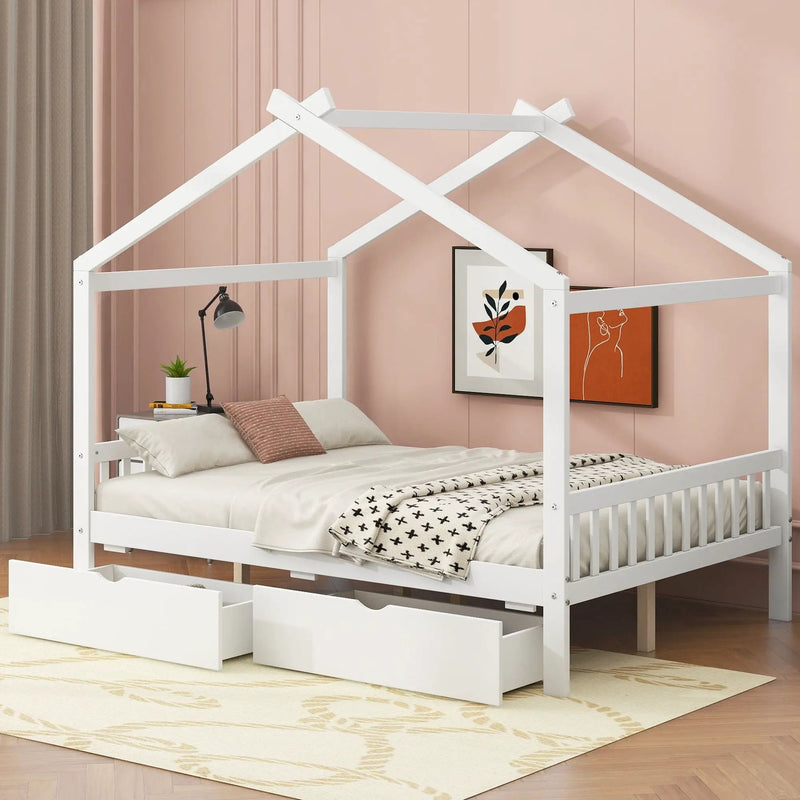 House Style Platform Bed With Headboard, Footboard, 2 Drawers, And Roof Design by Unique Piece Furniture