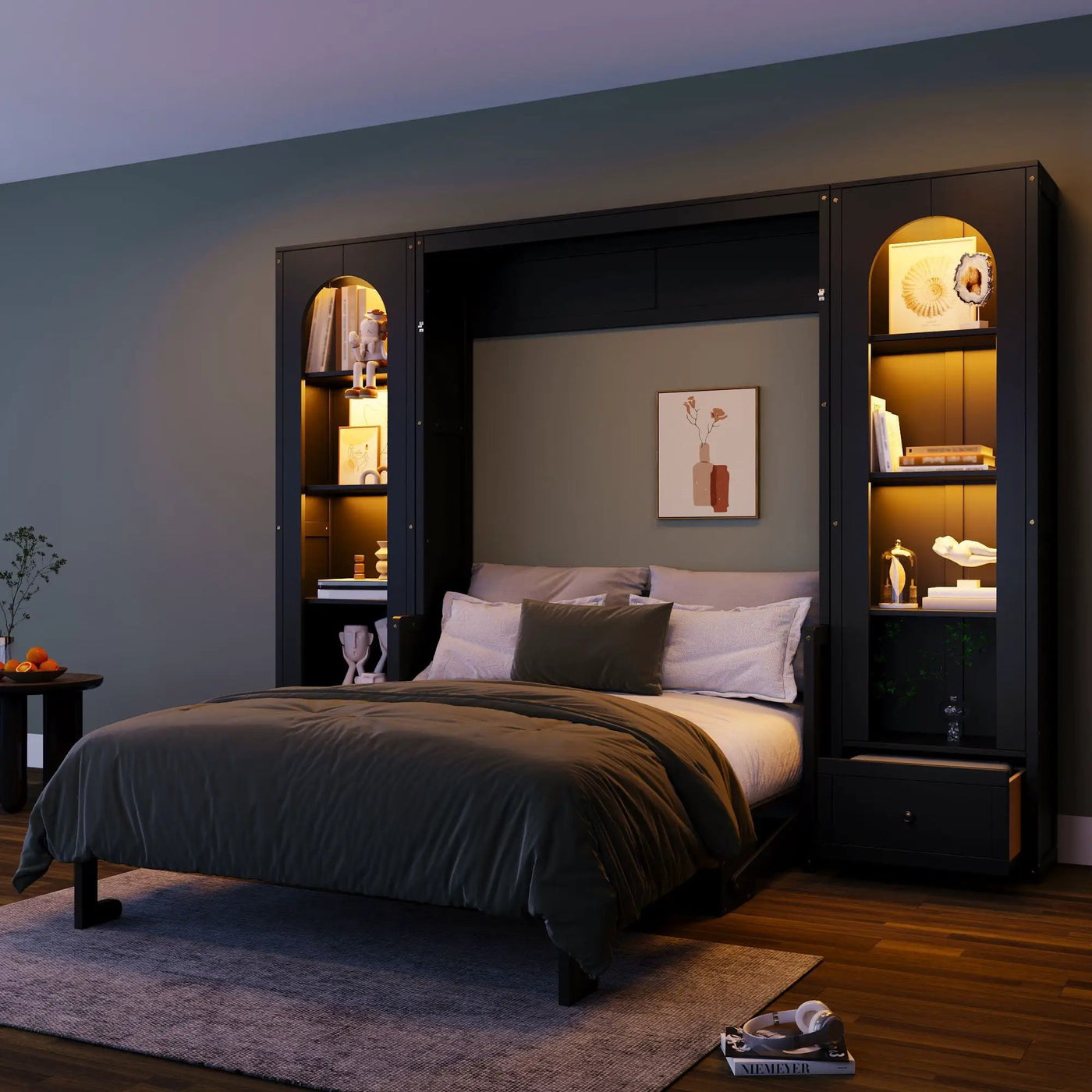 French Style Murphy Platform Bed With Shelf, Side Cabinets, Drawers And LED by Unique Piece Furniture