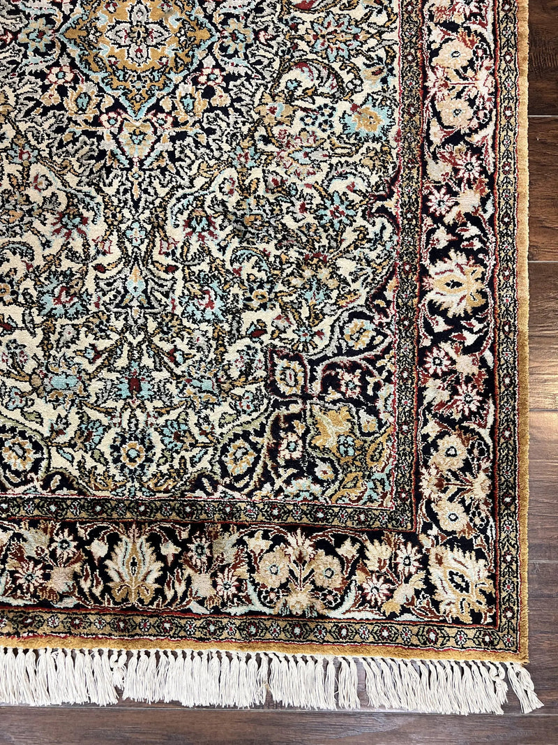 Silk Persian Qum Rug 4x5, Hand Knotted Vintage Carpet, Cream & Navy Blue, Silk Pile on Silk Foundation, Very Fine 360 KPSI by Jewel Rugs