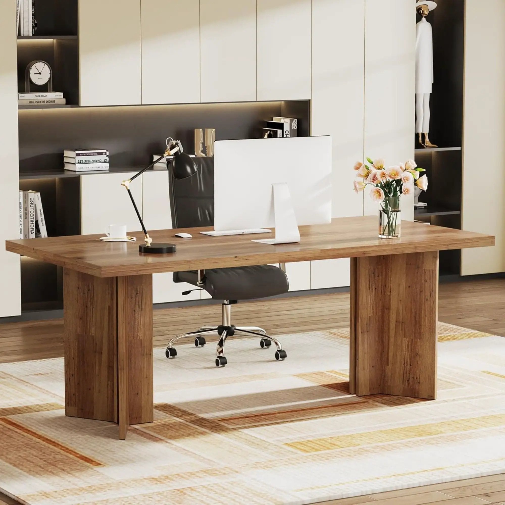 Executive Desk, Vintage Computer Workstation With Thickened Tabletop