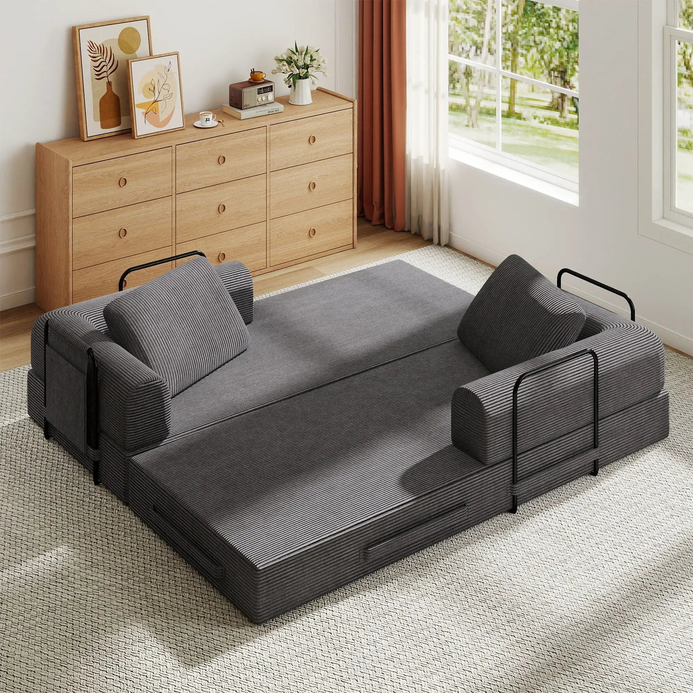 Convertible Sleeper Sofa Bed With Cylindrical Pillow, Fixed Shape Frame by Unique Piece Furniture