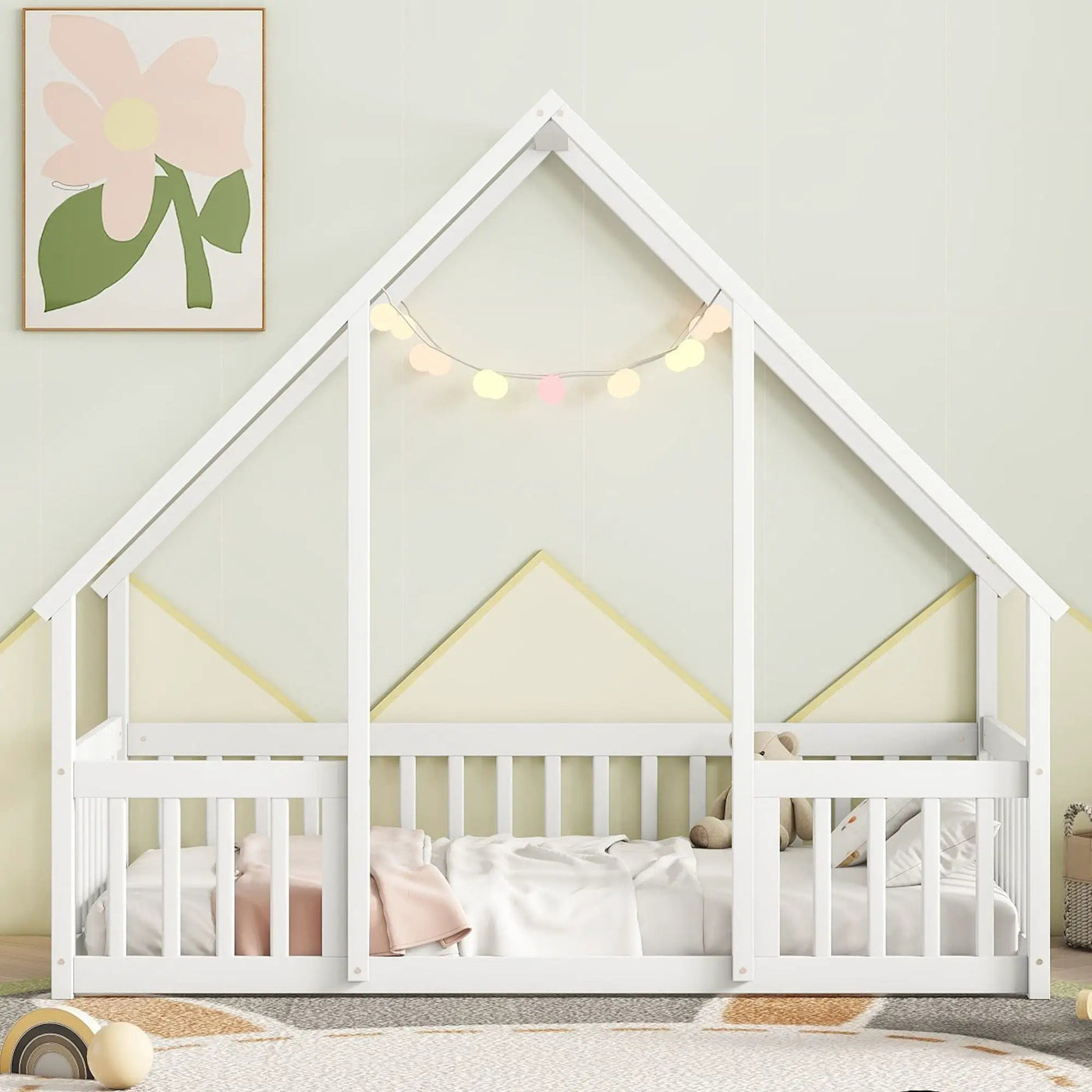 Wood House-Shaped Floor Bed With Fence, Guardrails by Unique Piece Furniture