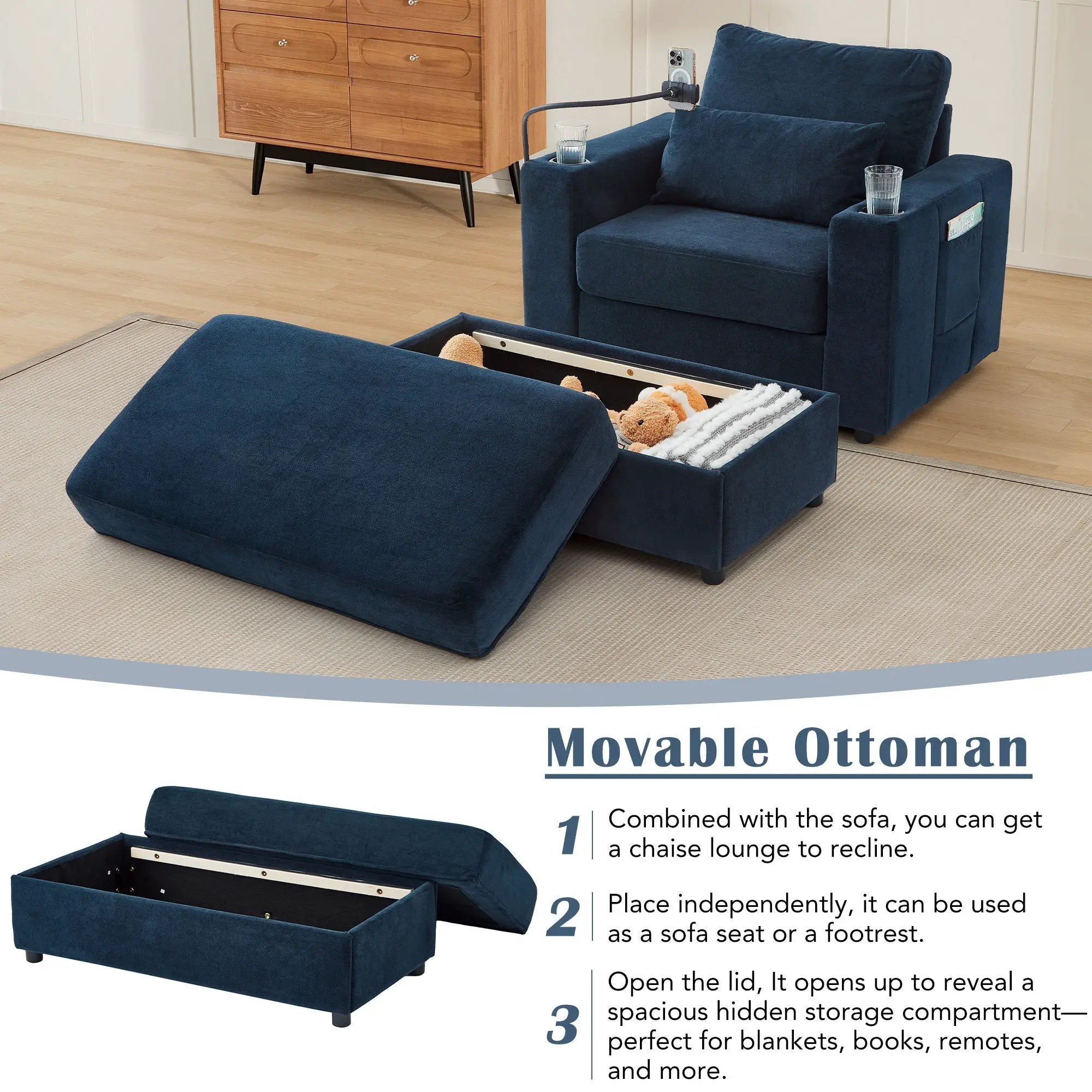 Modern Style Armchair Chaise Lounge Sofa Couch With Movable Storage Ottoman, USB Ports, Cup Holders, Phone Holder, Side Pockets by HouseOfZazla