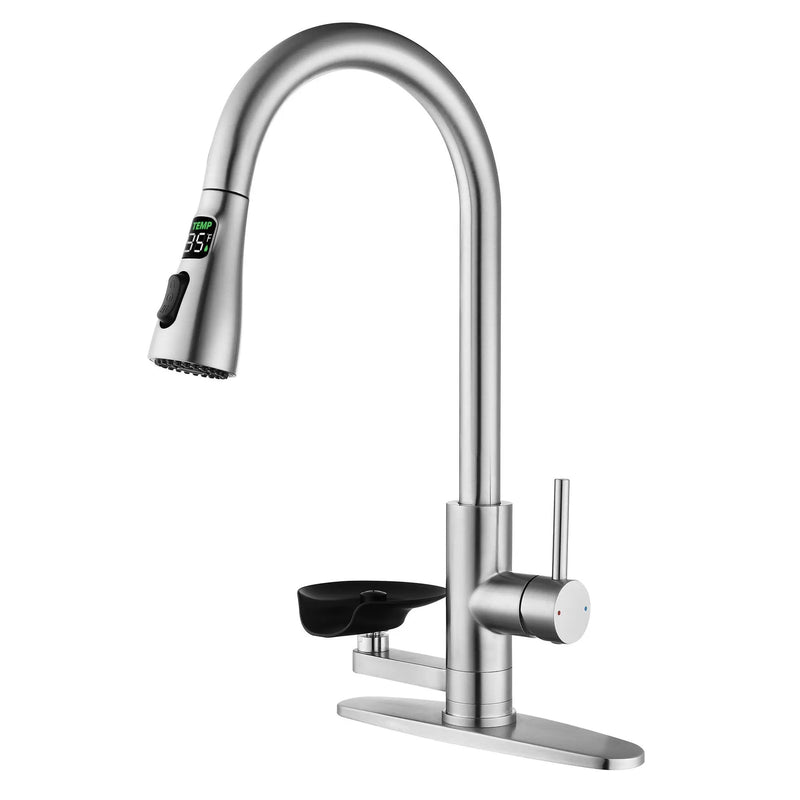 3-in-1 Kitchen Faucet with LED Temperature Display, Press-Type Glass Rinser, Pull-Down Sprayer, 3 Spray Modes, Brushed Nickel Finish, Stainless Steel Construction by HouseOfZazla