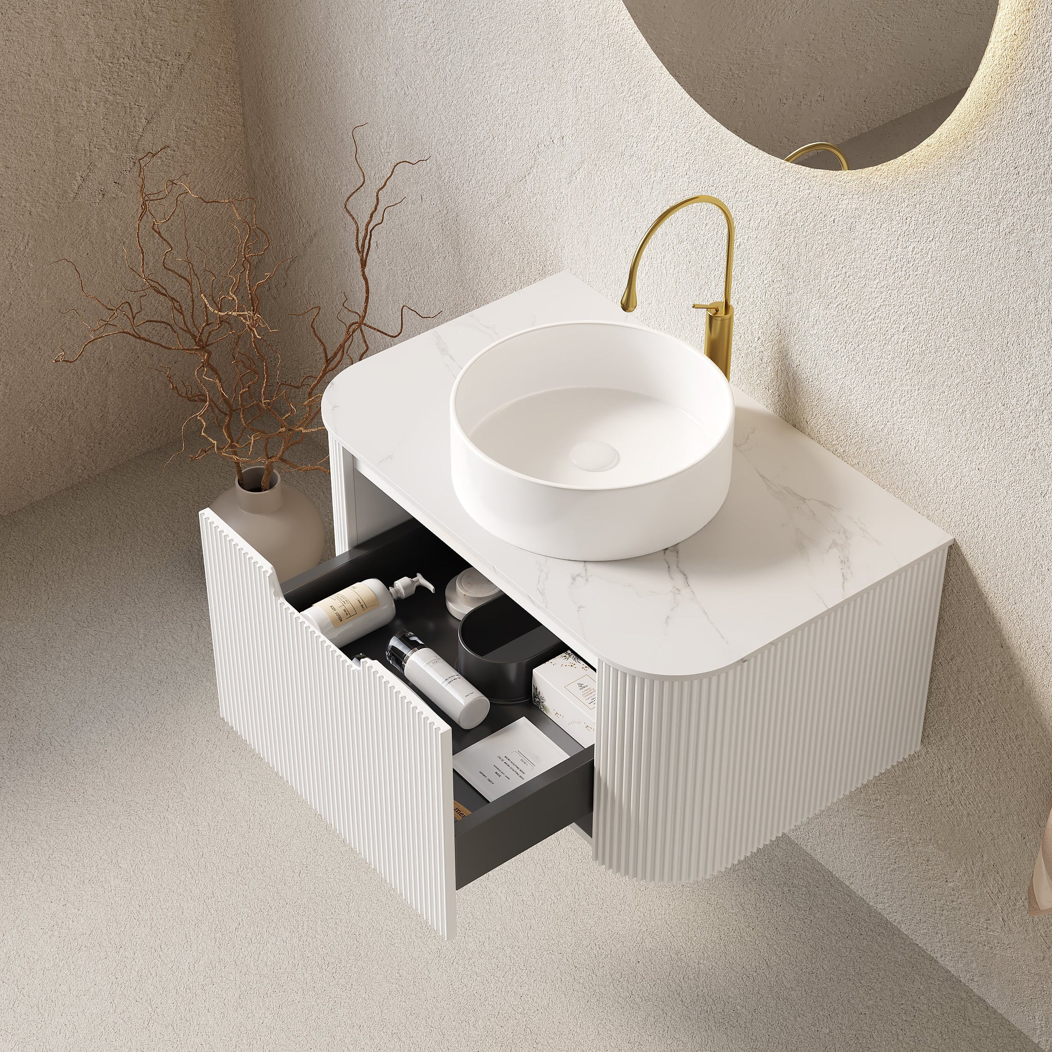 DINA 30" Bathroom Vanity & Sink with Floating Curved Edges and Striped Storage by HouseOfZazla