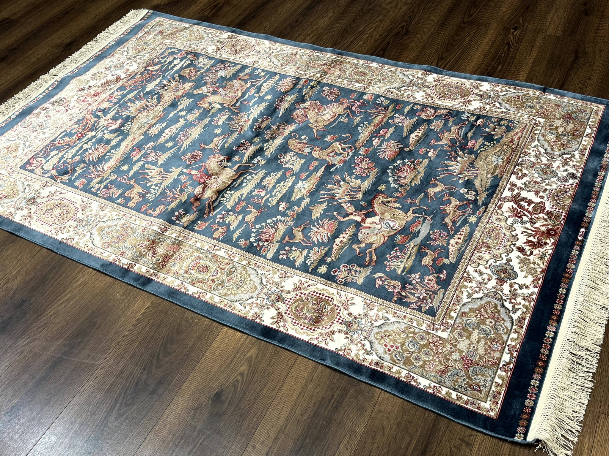 Turkish Silk Hunting Design Rug 4x6, Dark Steel Blue & Ivory, Bamboo Silk, New by Jewel Rugs