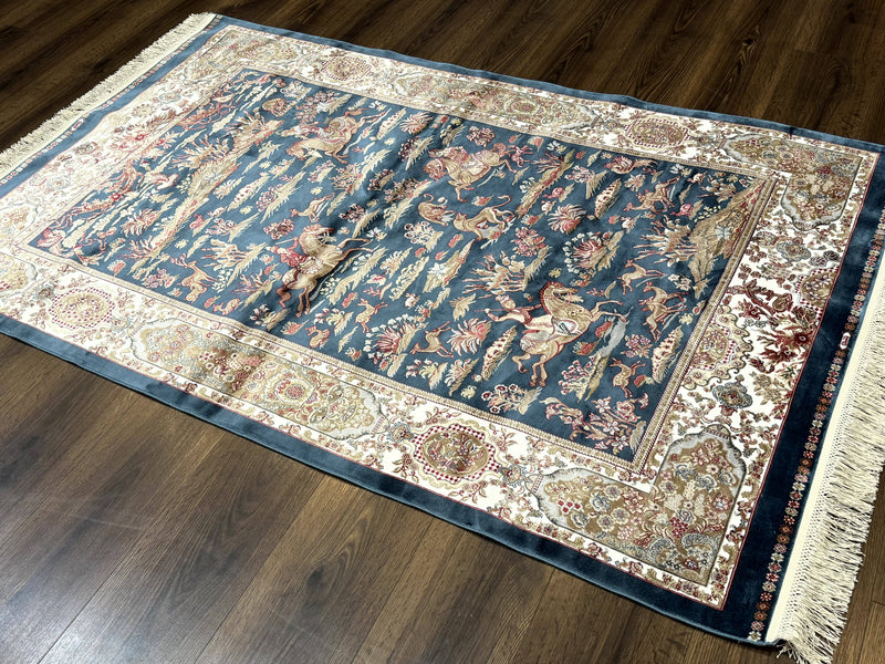 Turkish Silk Hunting Design Rug 4x6, Dark Steel Blue & Ivory, Bamboo Silk, New by Jewel Rugs