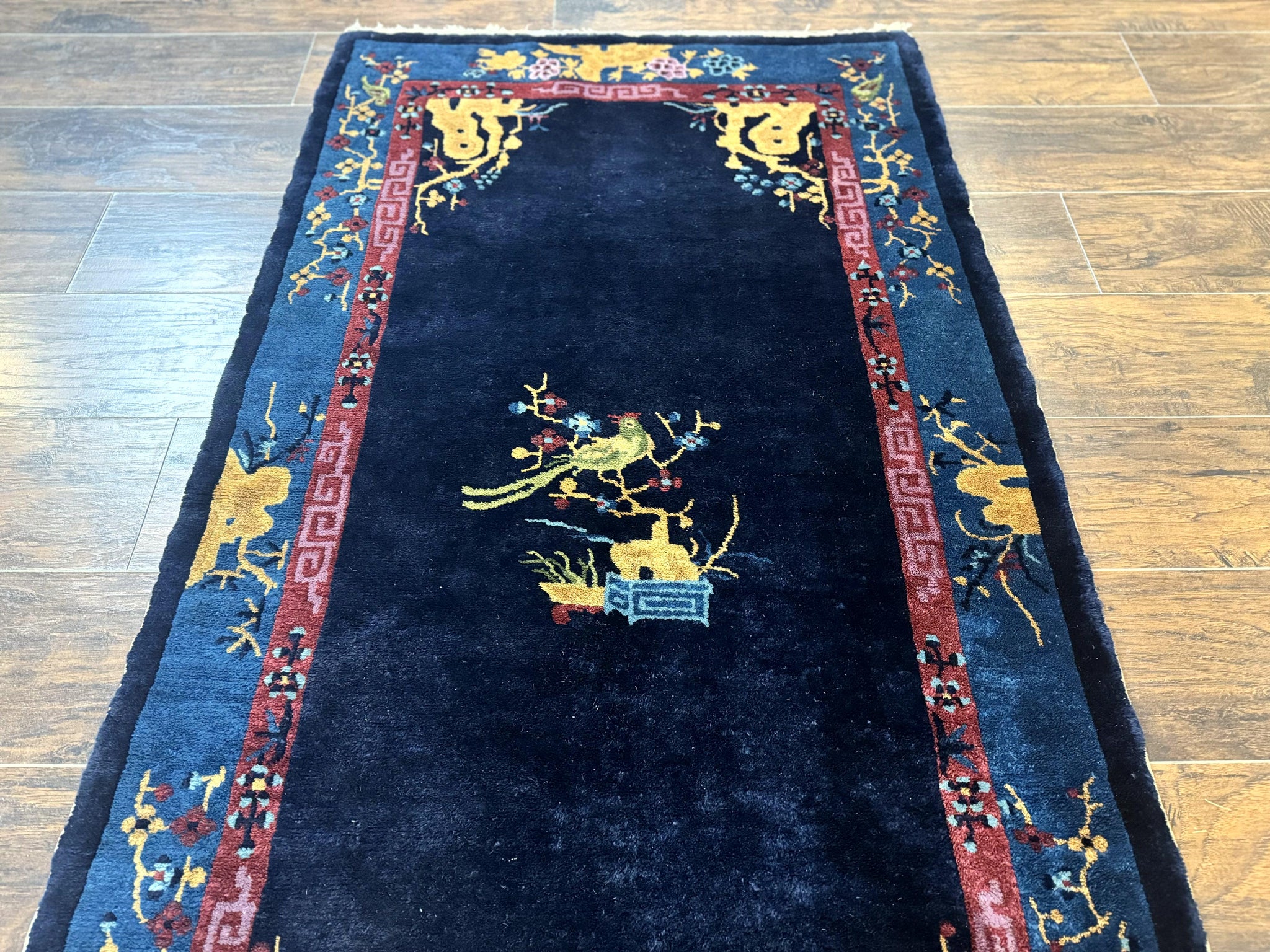 Antique Chinese Peking Rug 3x6, Dark Blue, Bird Motif, Handmade Wool Art Deco Asian Oriental Carpet, Pair A by Jewel Rugs