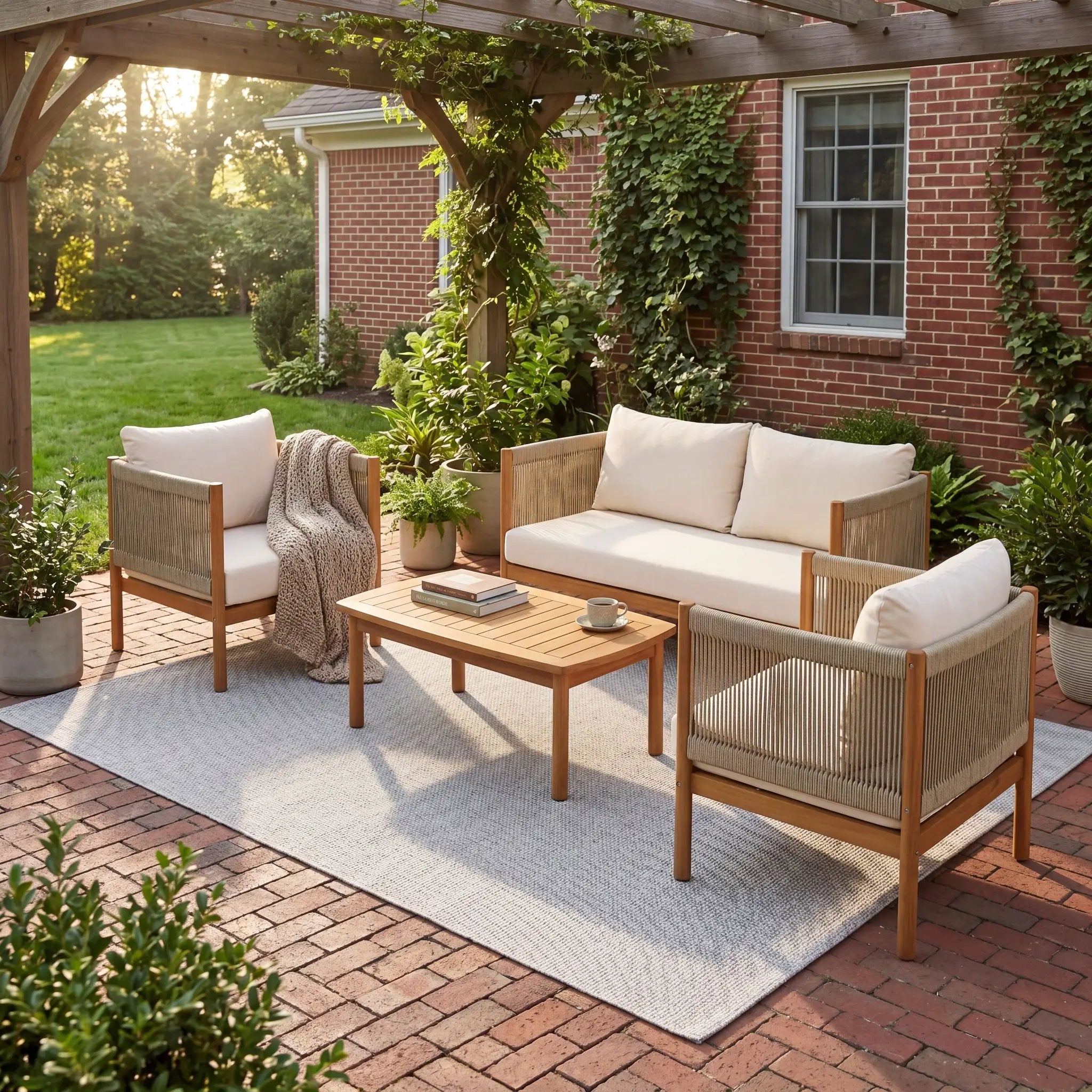 4-Piece Outdoor Sofa Set with Acacia Wood Frame in Teak Look by HouseOfZazla