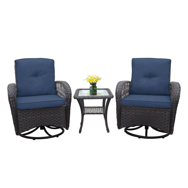 3 Pieces Conversation Set, Outdoor Wicker Rocker Swivel Patio Bistro Set, Rocking Chair With Glass Top Side Table by HouseOfZazla
