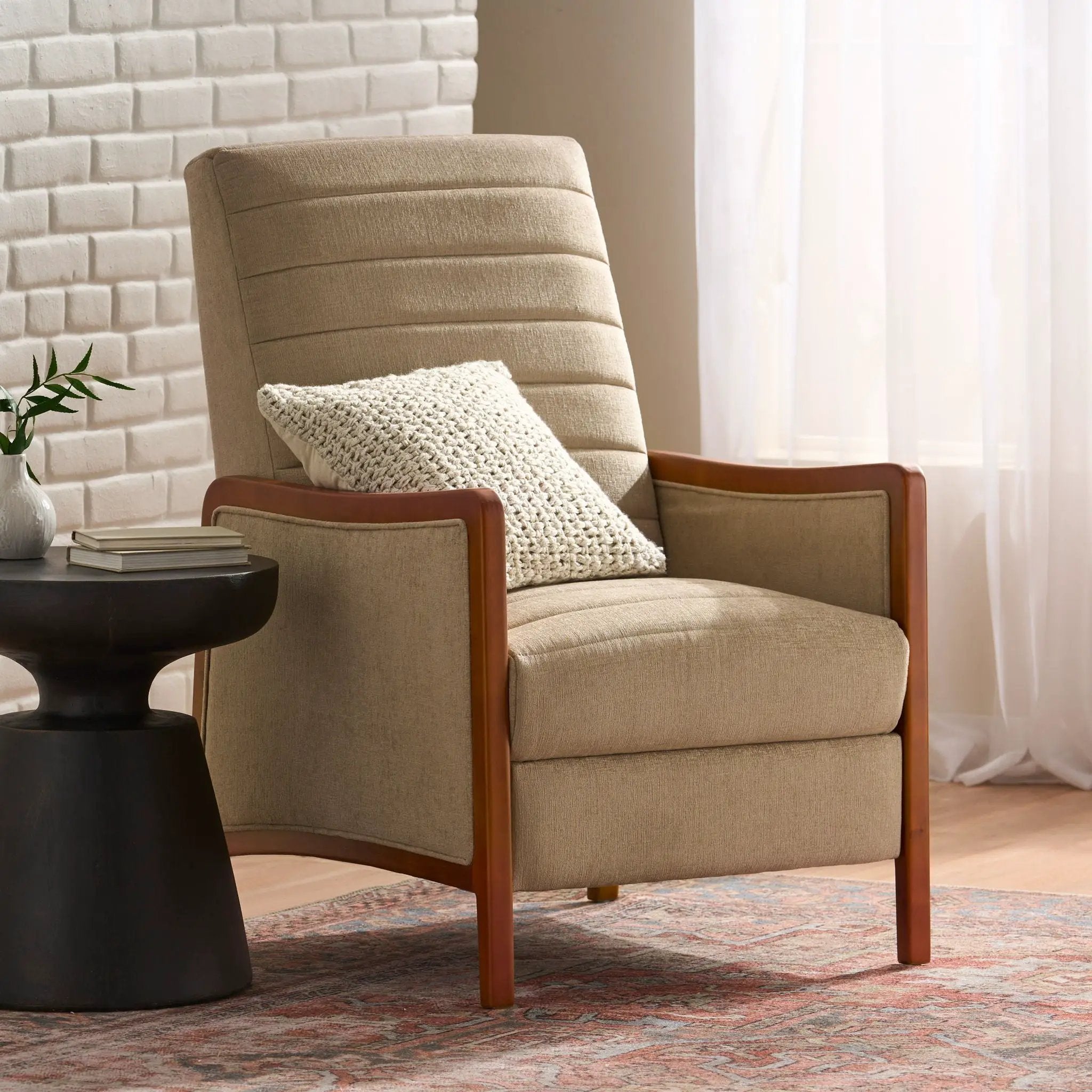 Mid Century Modern Fabric Channel Stitch Wood Pushback Recliner by Unique Piece Furniture