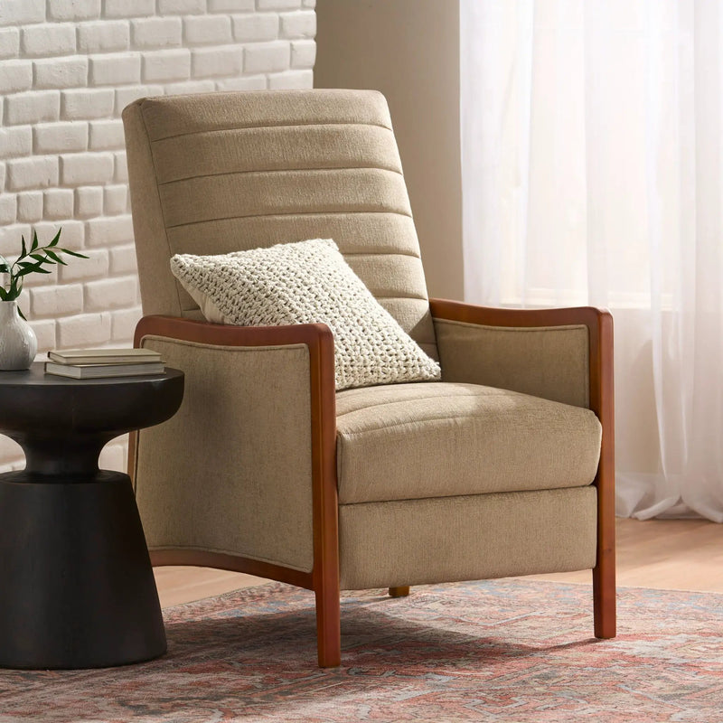 Mid Century Modern Fabric Channel Stitch Wood Pushback Recliner by Unique Piece Furniture