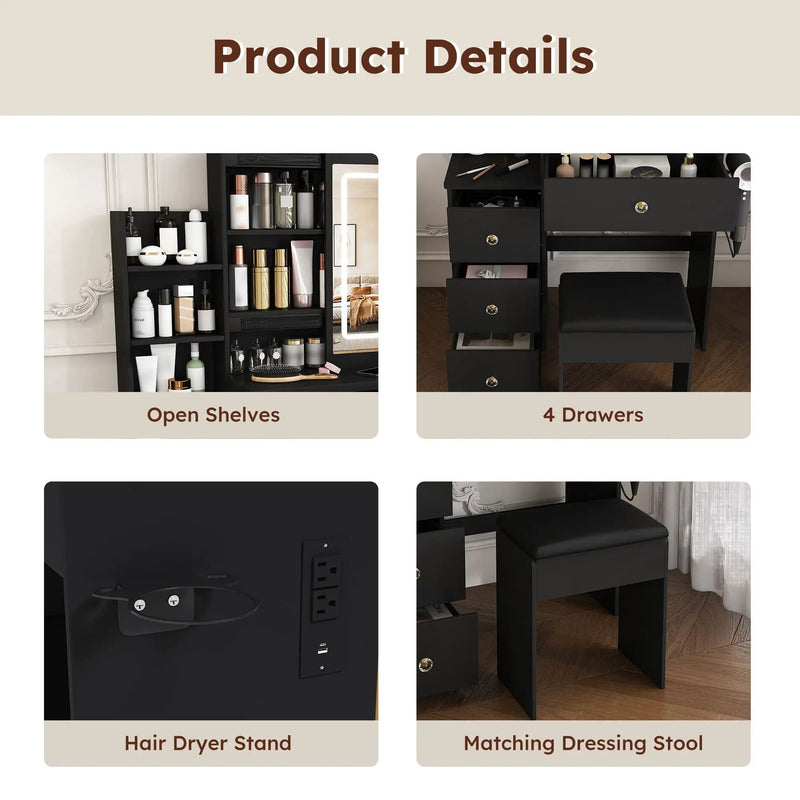 Vanity Desk With 3 LED Lighting Modes, 4 Drawers, Open Shelves, Hair Dryer Holder & Power Socket Dressing Table Set With Chair - Black by HouseOfZazla