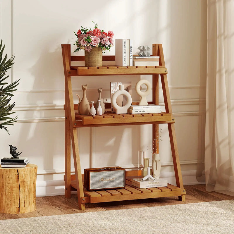 Foldable 3-Tier Solid Wood Plant Stand for Patio Balcony by DirectDeals