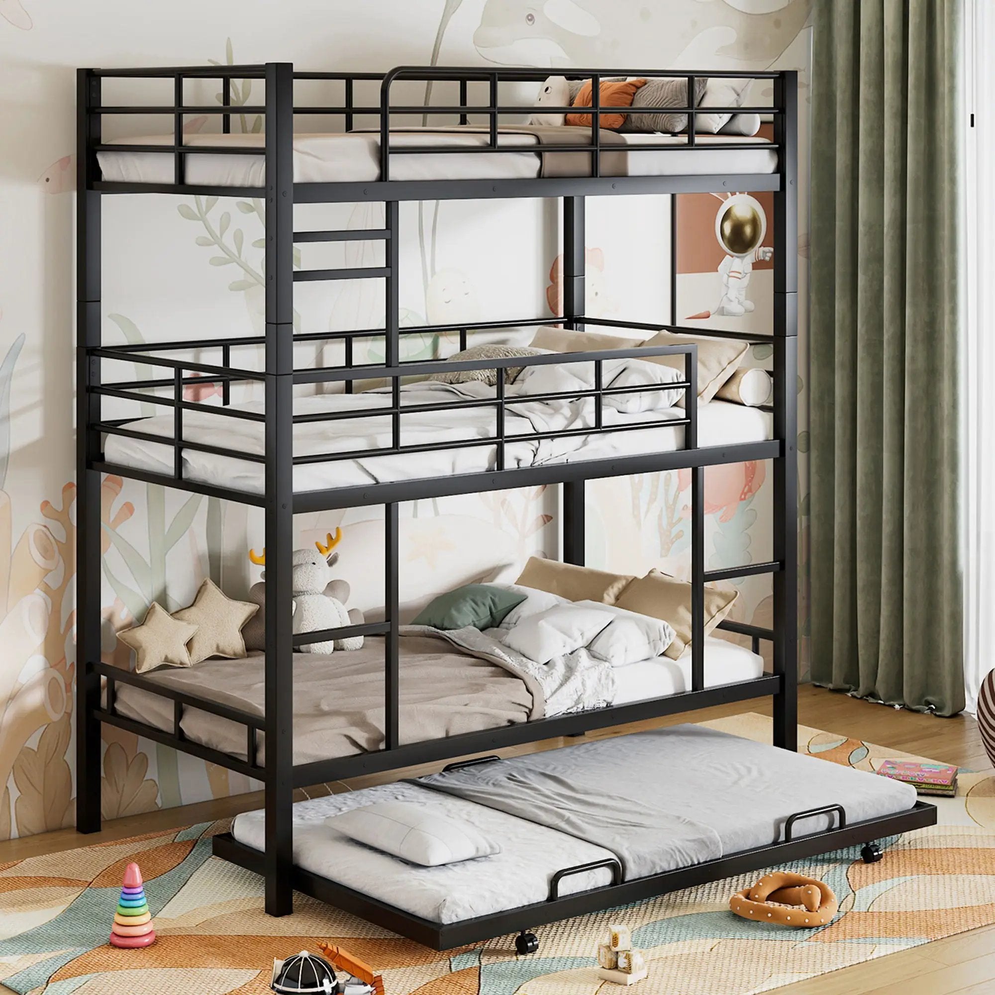 Triple Bunk Bed With Trundle, Heavy Duty Steel Construction by Unique Piece Furniture