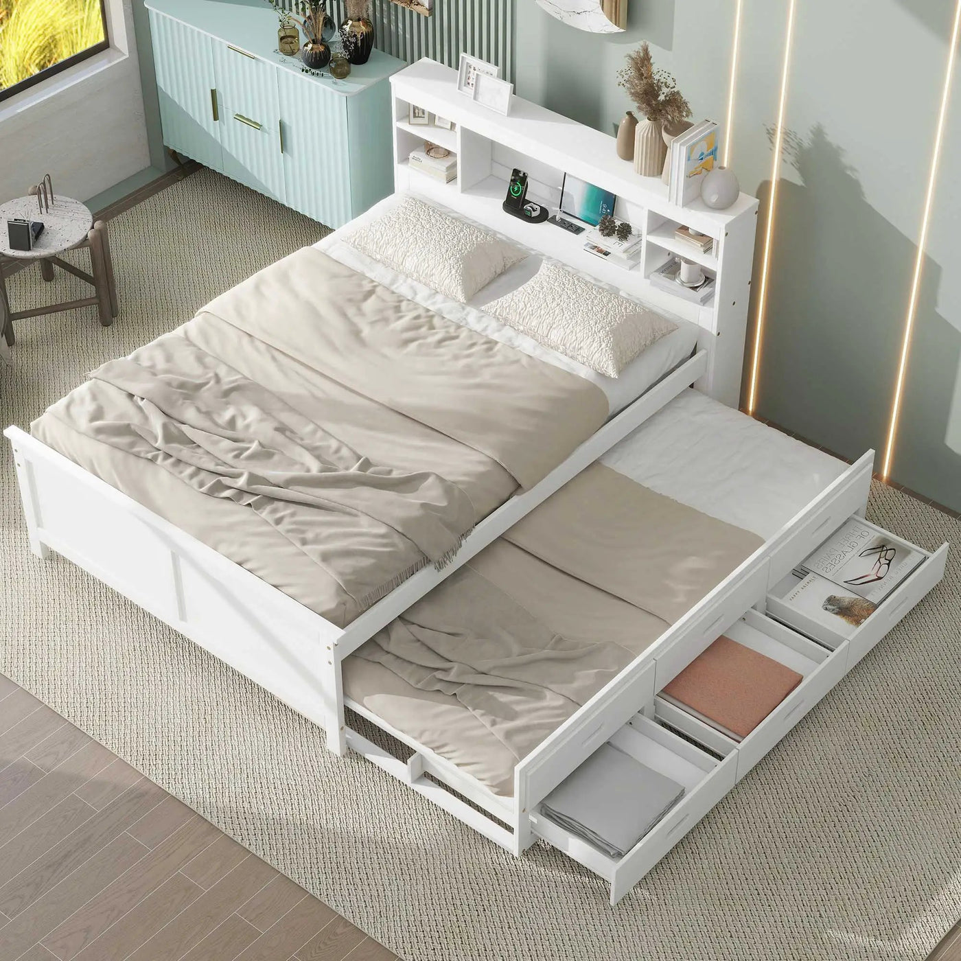 Platform Bed With Storage Headboard, USB, Trundle And 3 Drawers by Unique Piece Furniture