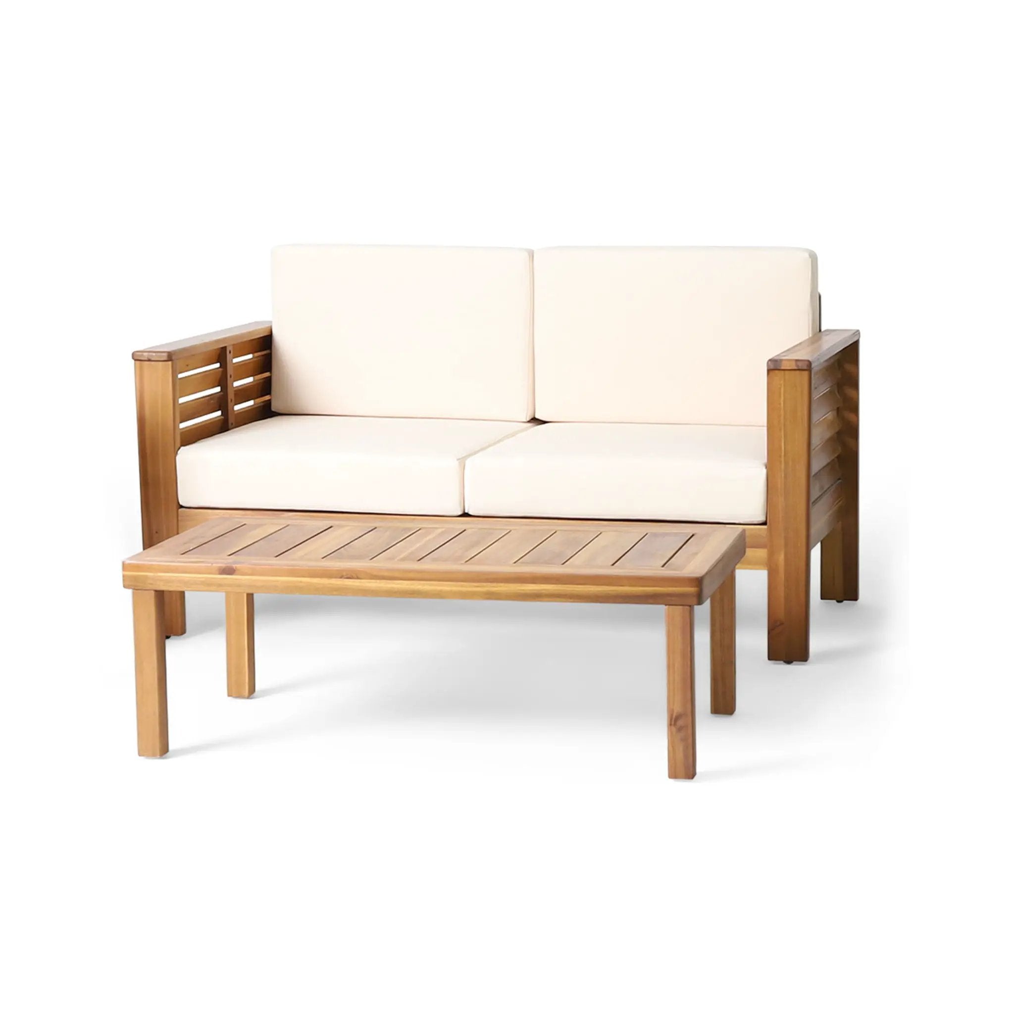 Acacia Wood Loveseat And Coffee Table Set With Cushions by HouseOfZazla