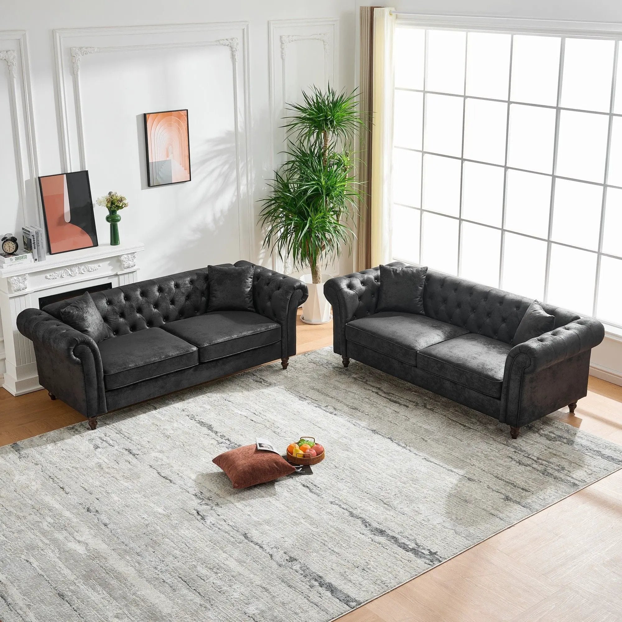 Chesterfield Sofa, High Tech Fabric Roll Armrest, 3 Seater Couch - Black by Unique Piece Furniture