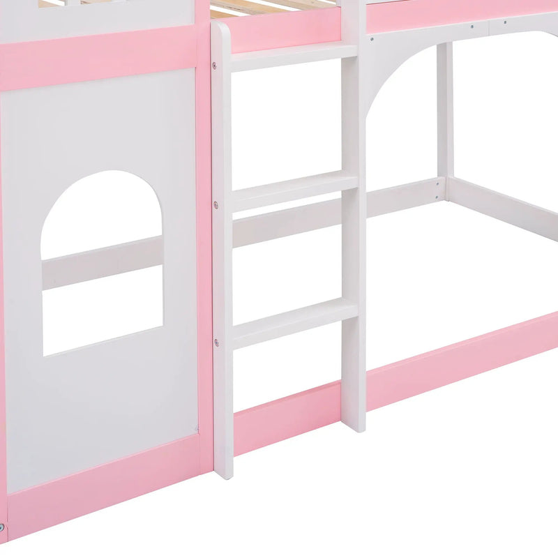 Twin Over Twin Castle Bunk Bed With Ladder - Pink by HouseOfZazla