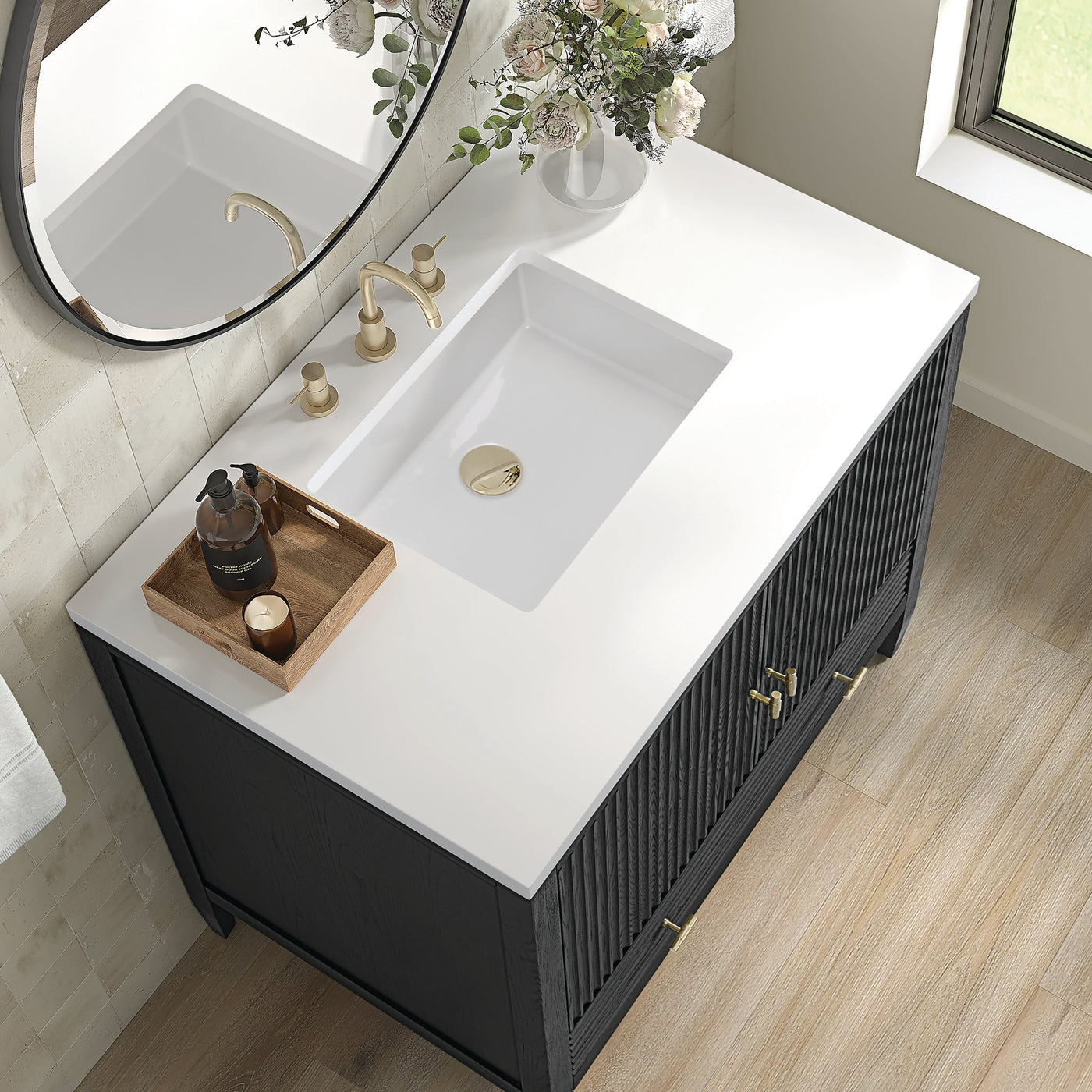 James Martin Myrrin 36" Single Bathroom Vanity, Carbon Oak with White Zeus countertop