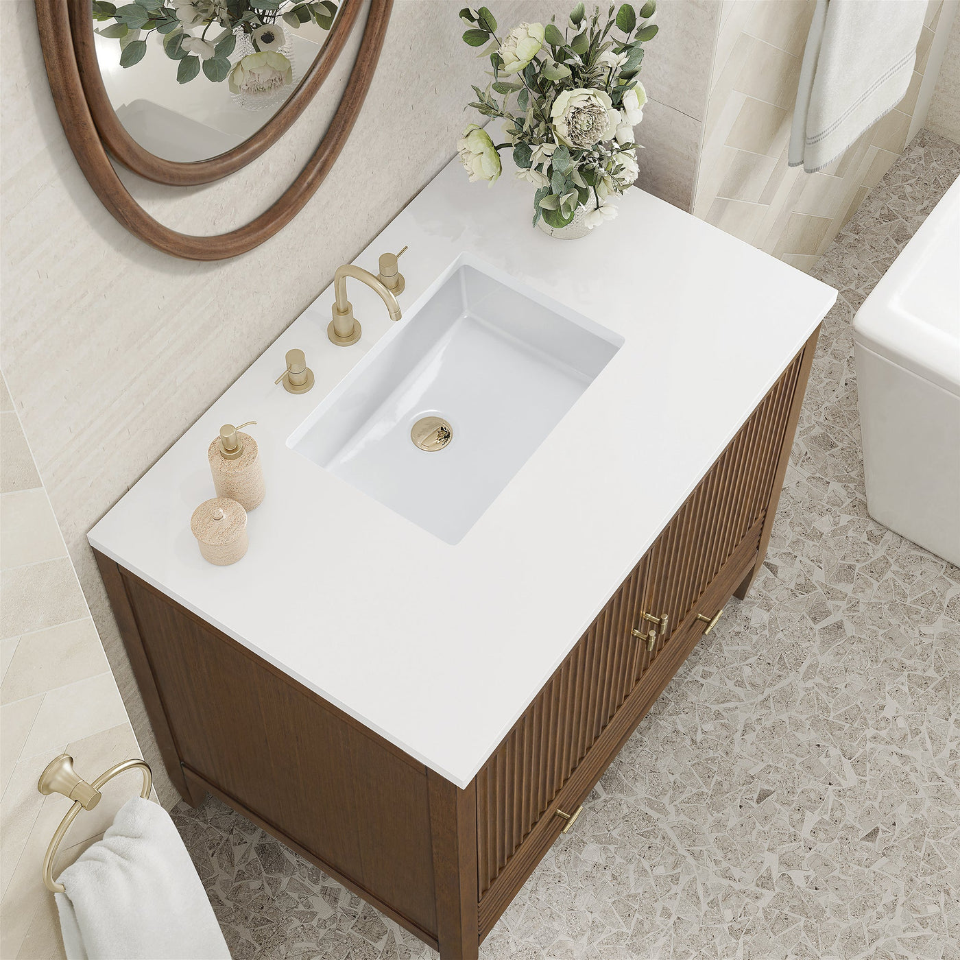 James Martin Myrrin 36" Single Bathroom Vanity, Mid-Century Walnut with White Zeus countertop