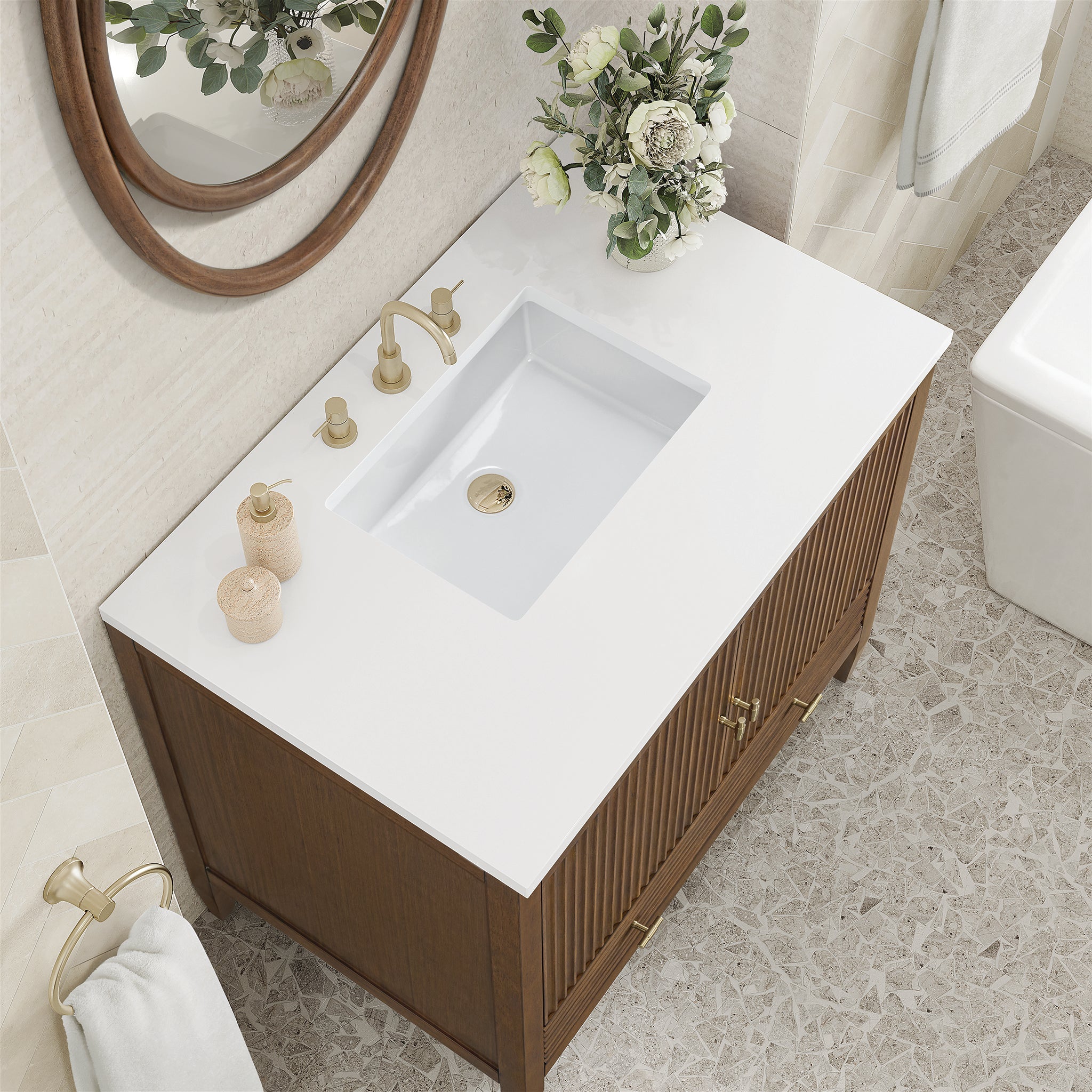 James Martin Myrrin 36" Single Bathroom Vanity, Mid-Century Walnut with White Zeus countertop