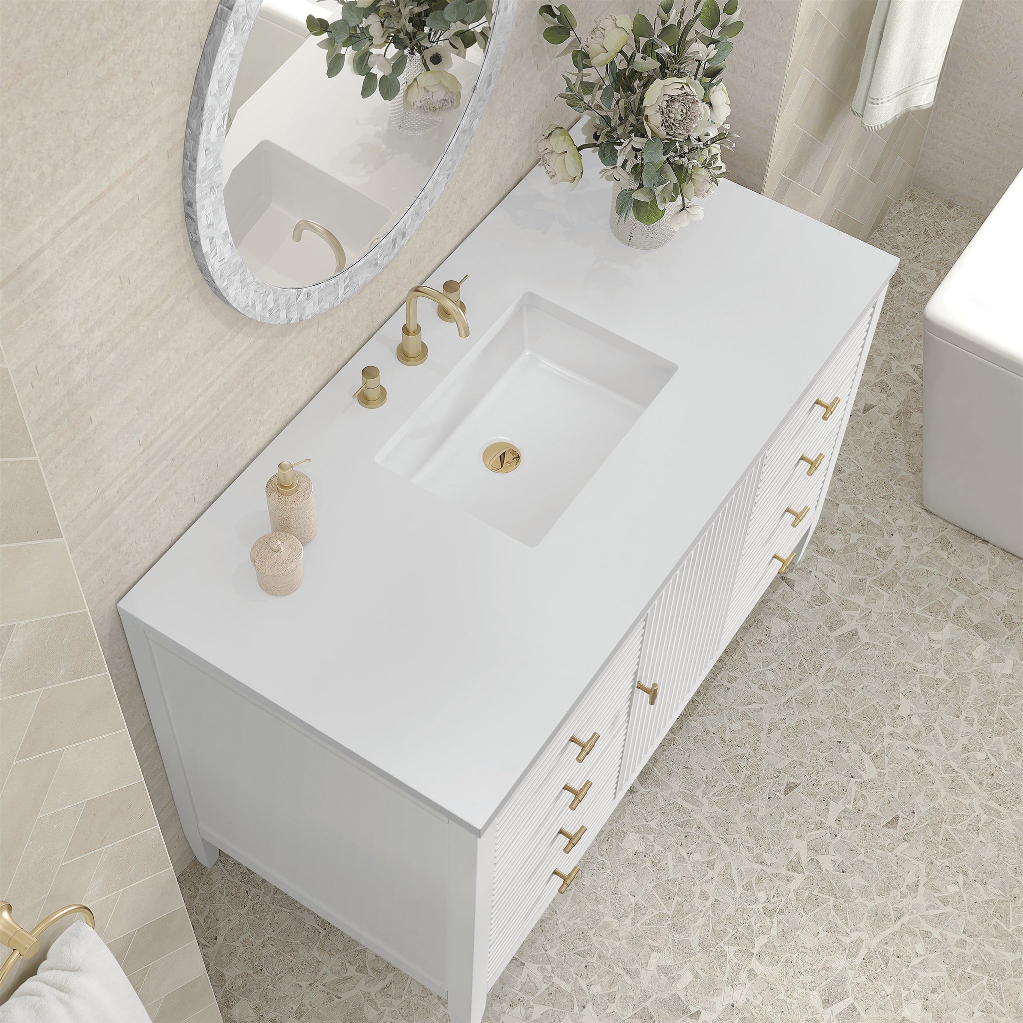 James Martin Myrrin 48" Single Bathroom Vanity, Bright White with White Zeus countertop