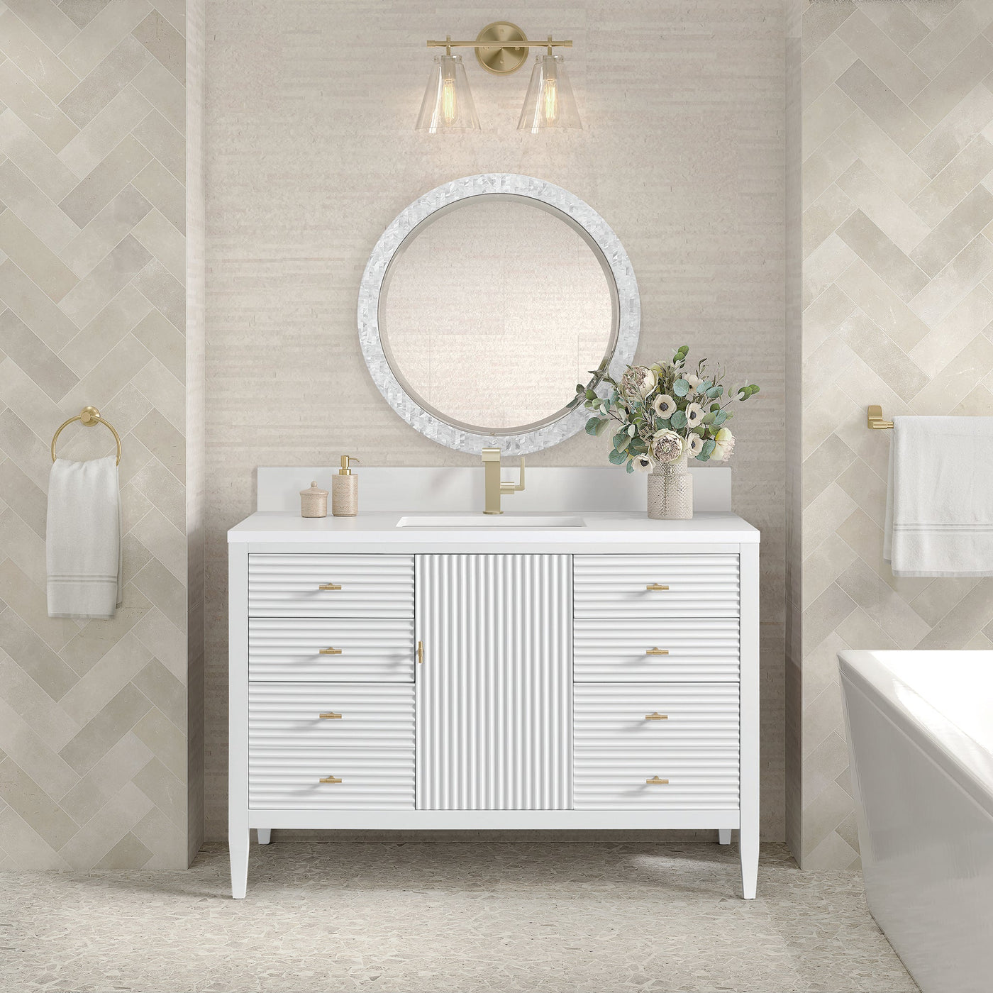 James Martin Myrrin 48" Single Bathroom Vanity, Bright White with White Zeus (Single Hole, with Backsplash) countertop