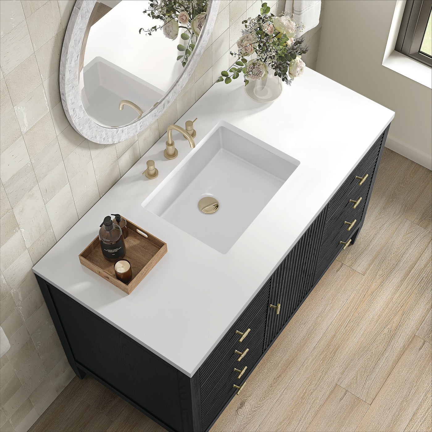 James Martin Myrrin 48" Single Bathroom Vanity, Carbon Oak with White Zeus countertop
