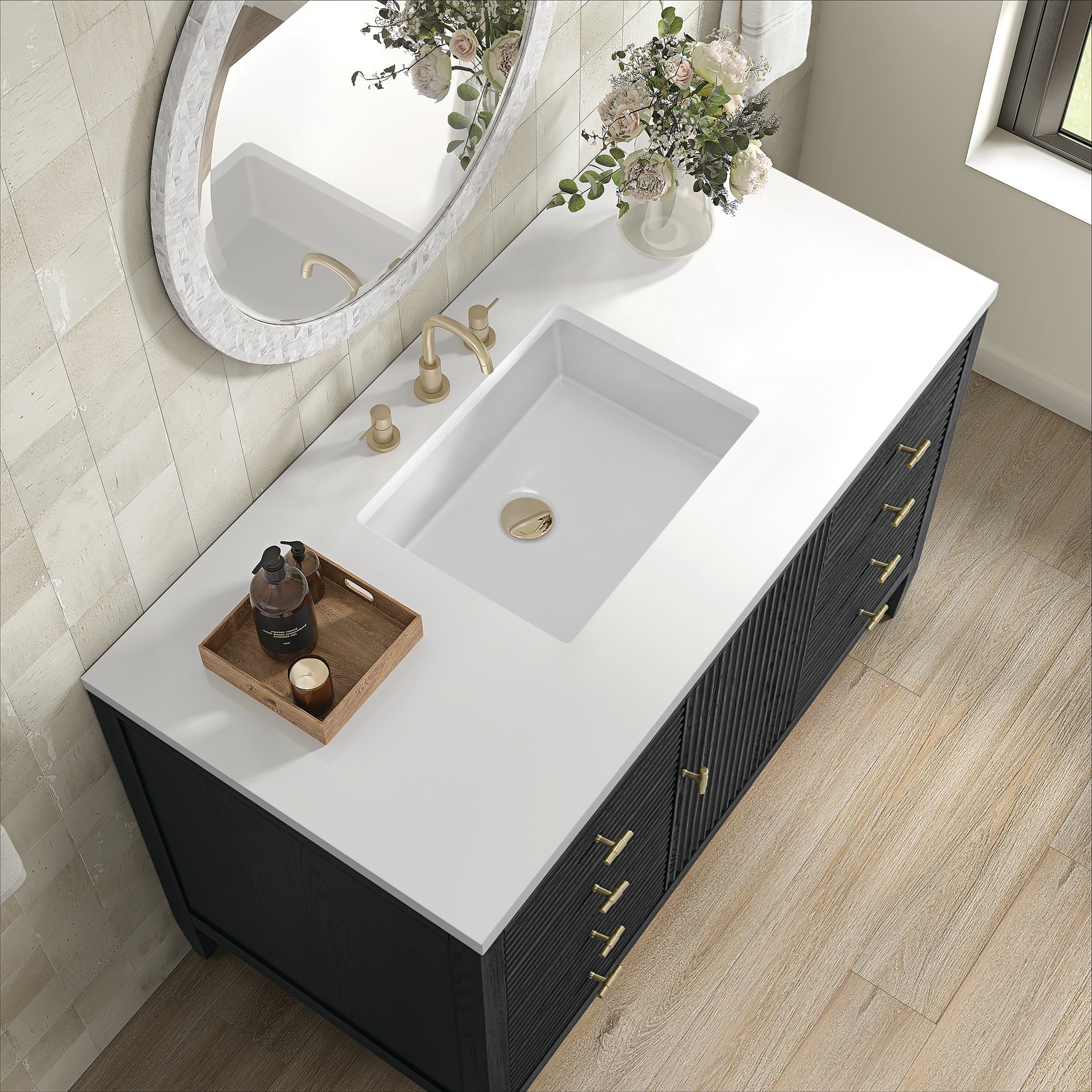 James Martin Myrrin 48" Single Bathroom Vanity, Carbon Oak with White Zeus countertop