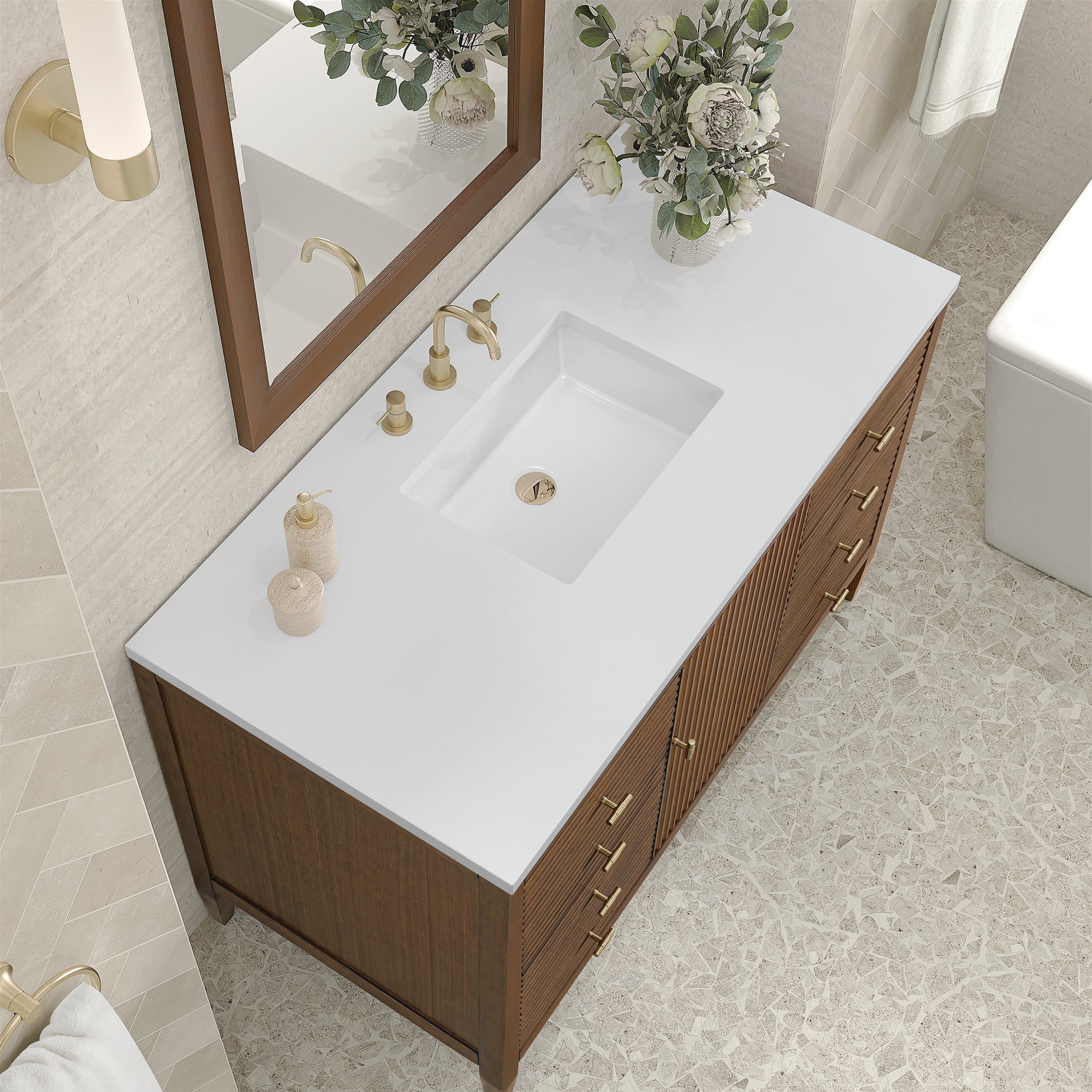 James Martin Myrrin 48" Single Bathroom Vanity, Mid-Century Walnut with White Zeus countertop