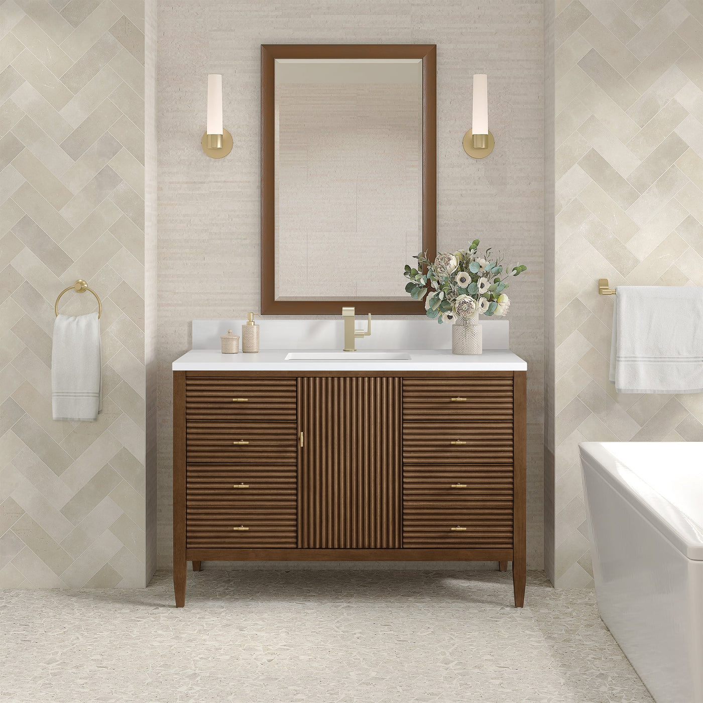 James Martin Myrrin 48" Single Bathroom Vanity, Mid-Century Walnut with White Zeus (Single Hole, with Backsplash) countertop