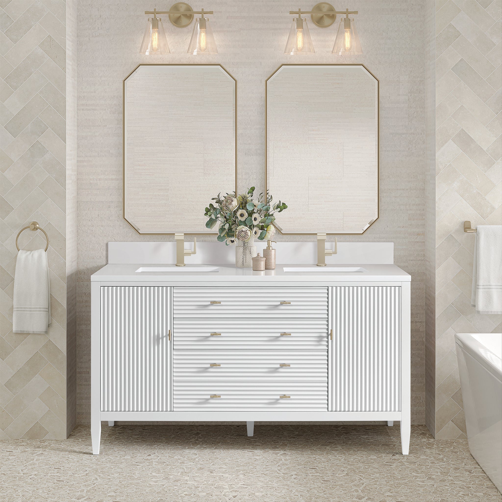 James Martin Myrrin 60" Double Bathroom Vanity, Bright White with White Zeus (Single Hole, with Backsplash) countertop