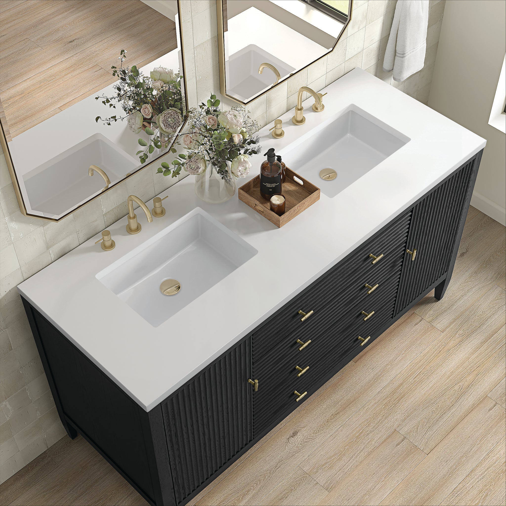 James Martin Myrrin 60" Double Bathroom Vanity, Carbon Oak with White Zeus countertop