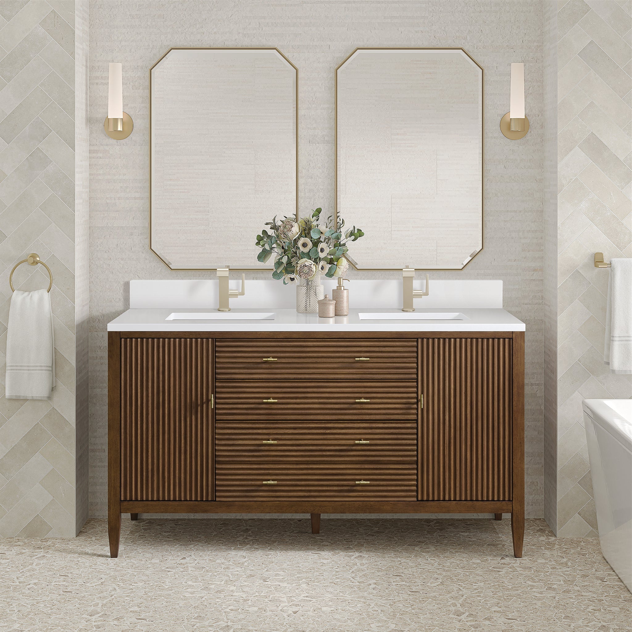 James Martin Myrrin 60" Double Bathroom Vanity, Mid-Century Walnut with White Zeus (Single Hole, with Backsplash) countertop
