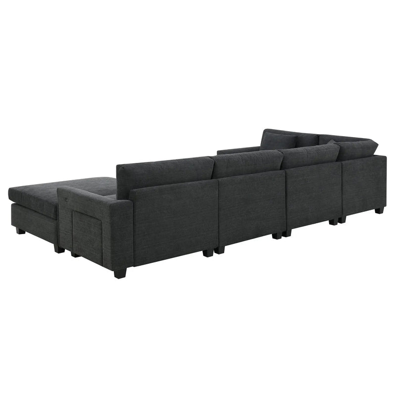 U Shaped Sectional Sofa 6 Seat Couch Set With Oversized Ottoman, Hidden Armrest Storage And Cup Holders USB Charging Ports Wide Seat Sofa by HouseOfZazla