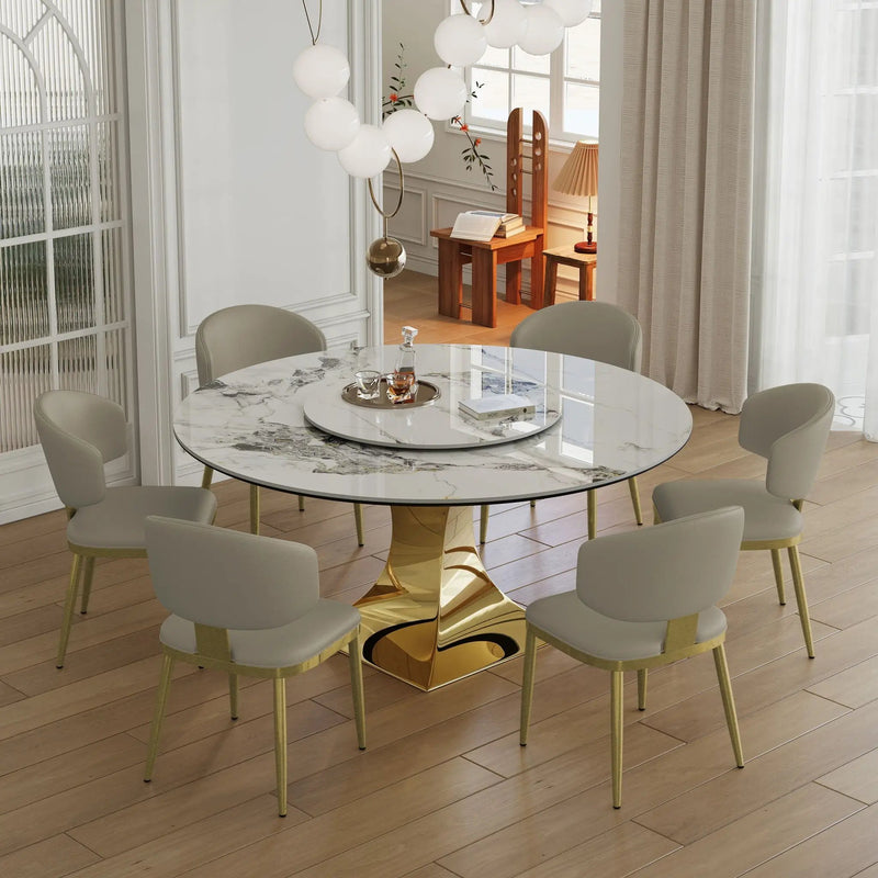 Luxury Round 59" Sintered Stone Dining Table With Stainless Steel Hourglass Base, Scratch & Heat Resistant Surface - Golden / White by HouseOfZazla