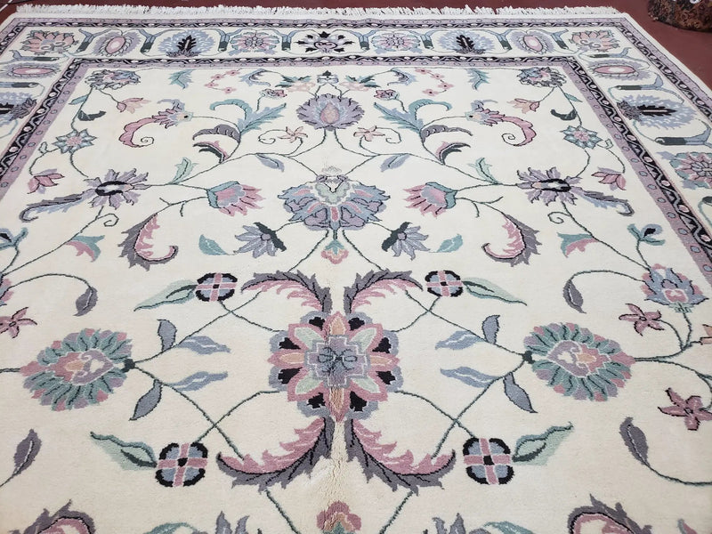 Ivory & Teal Indo Persian Area Rug 9x12, Wool Hand-Knotted Oriental Carpet, 9 x 12 Soft Traditional Living Room Rug, Dining Room Rug by Jewel Rugs
