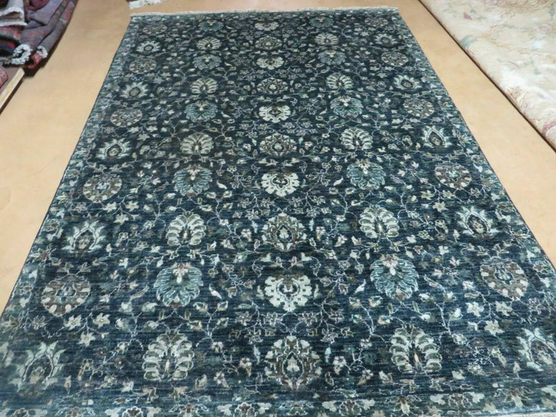 5' 6" X 8' Vintage Handmade Pakistani Floral Oriental Wool Rug Black Dark Grey by Jewel Rugs