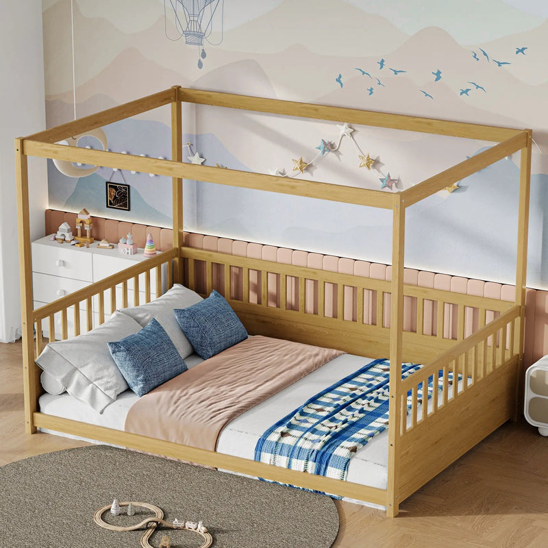 Full Size Canopy Bed Frame with Guardrails for Kids by HouseOfZazla