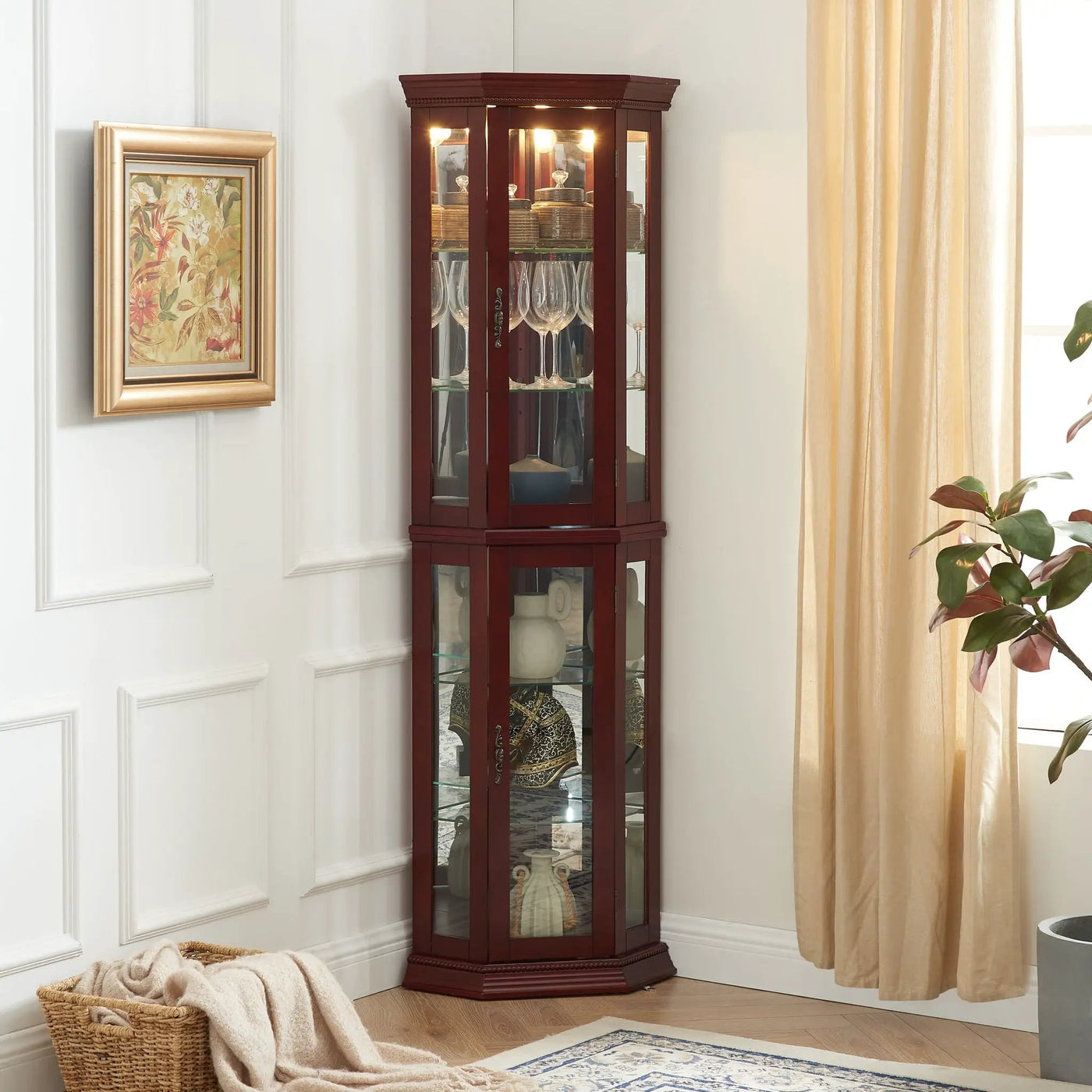 Corner Curio Cabinet With Lights, Adjustable Tempered Glass Shelves, Mirrored Back, Display Cabinet (E26 Light Bulb Not Included) by HouseOfZazla