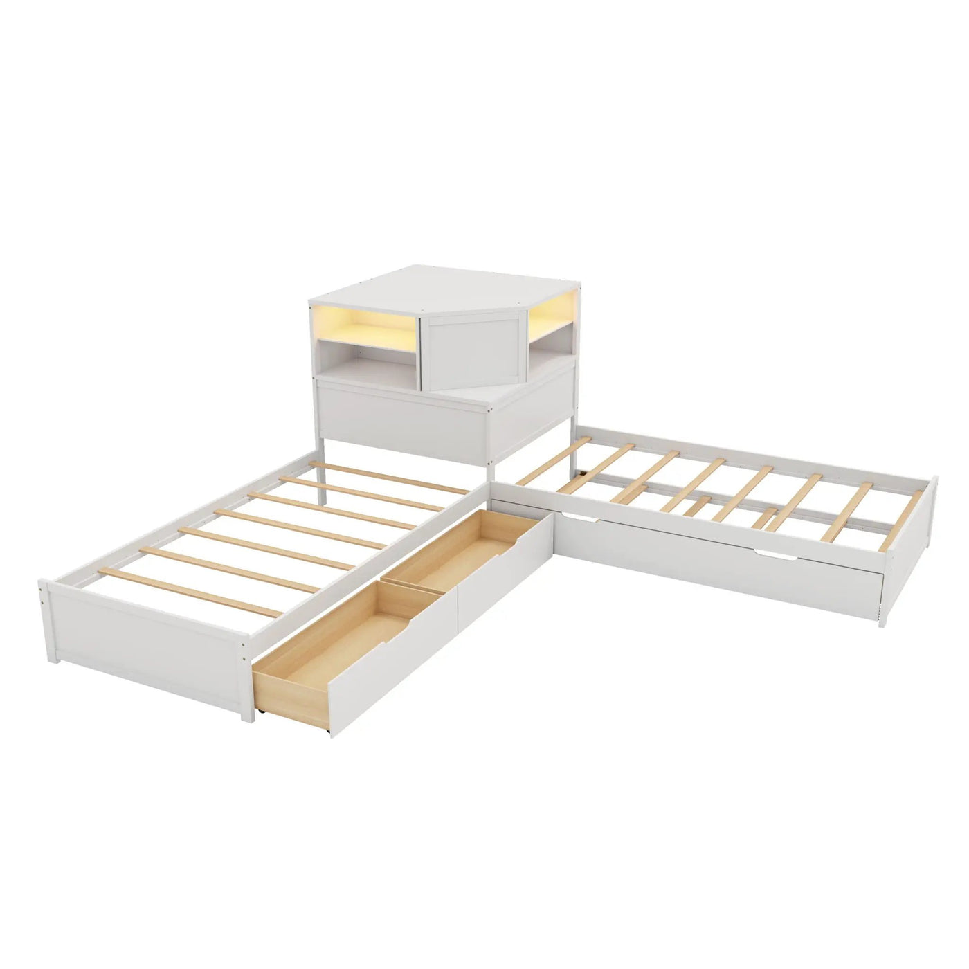 L-Shaped Bed Frame With Trundle, Built In Desk & LED Lighting by HouseOfZazla
