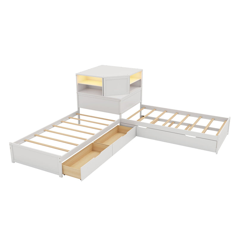 L-Shaped Bed Frame With Trundle, Built In Desk & LED Lighting by HouseOfZazla