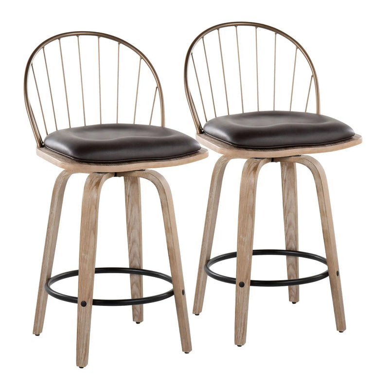 Riley - Farmhouse Fixed Height Counter Stool Round Footrest With Removable Cushion (Set of 2) - White Washed / Antique Copper / Brown by Unique Piece Furniture