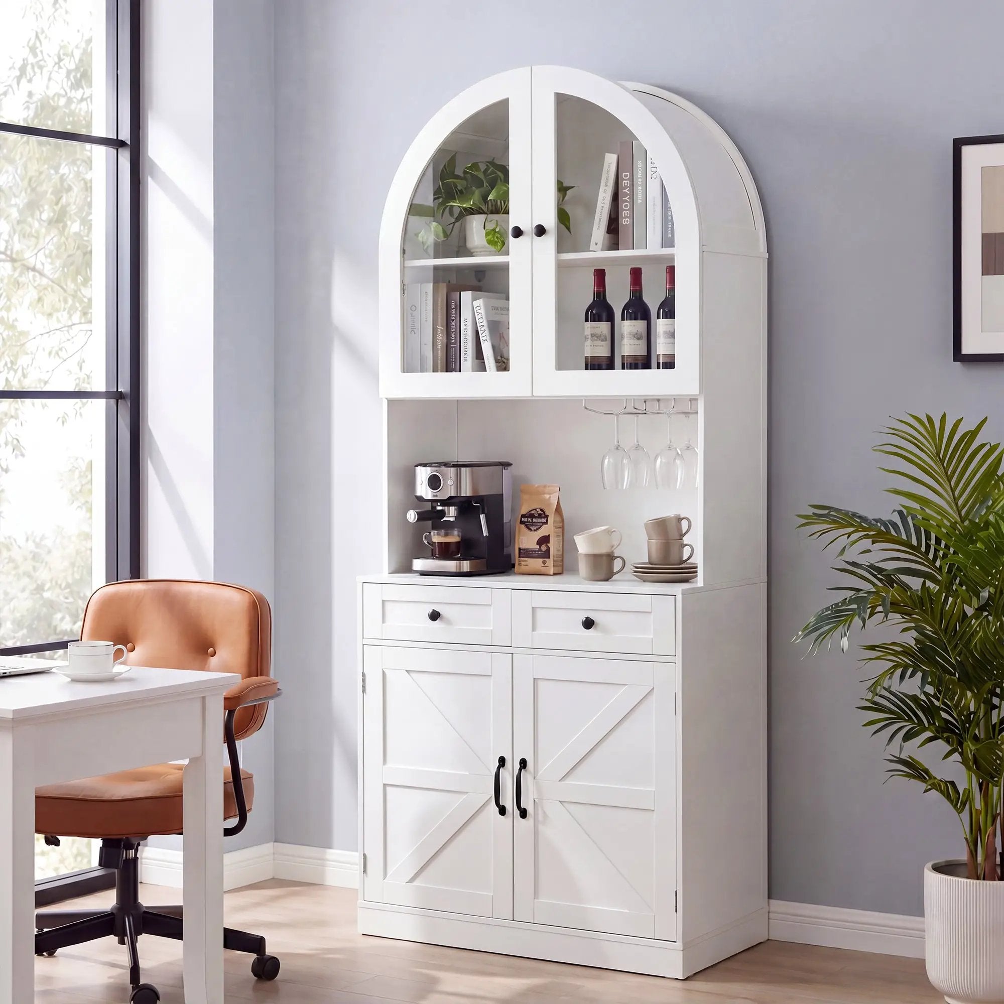 75" Farmhouse Tall Arched Pantry Cabinet with Charging Station by HouseOfZazla
